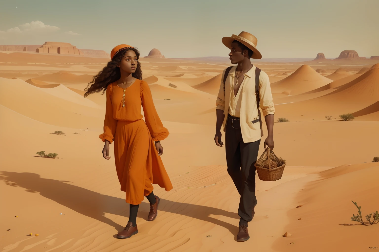 pre-raphaelite scene of a ager black-mixed couple walking in an orange desertic El Dorado City, reminiscing of Mars, wearing ((unkempt)) ((informal 1910s clothes))