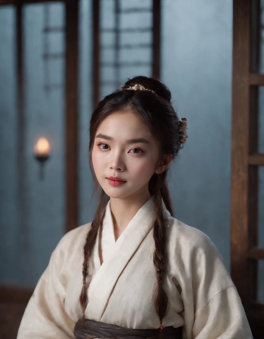 Best quality,masterpiece,ultra high res,(photorealistic:1.4),raw photo,1girl,in the dark,deep shadow,low key,cold light,suspension,look back,hanfu,ming style,sarrow,
