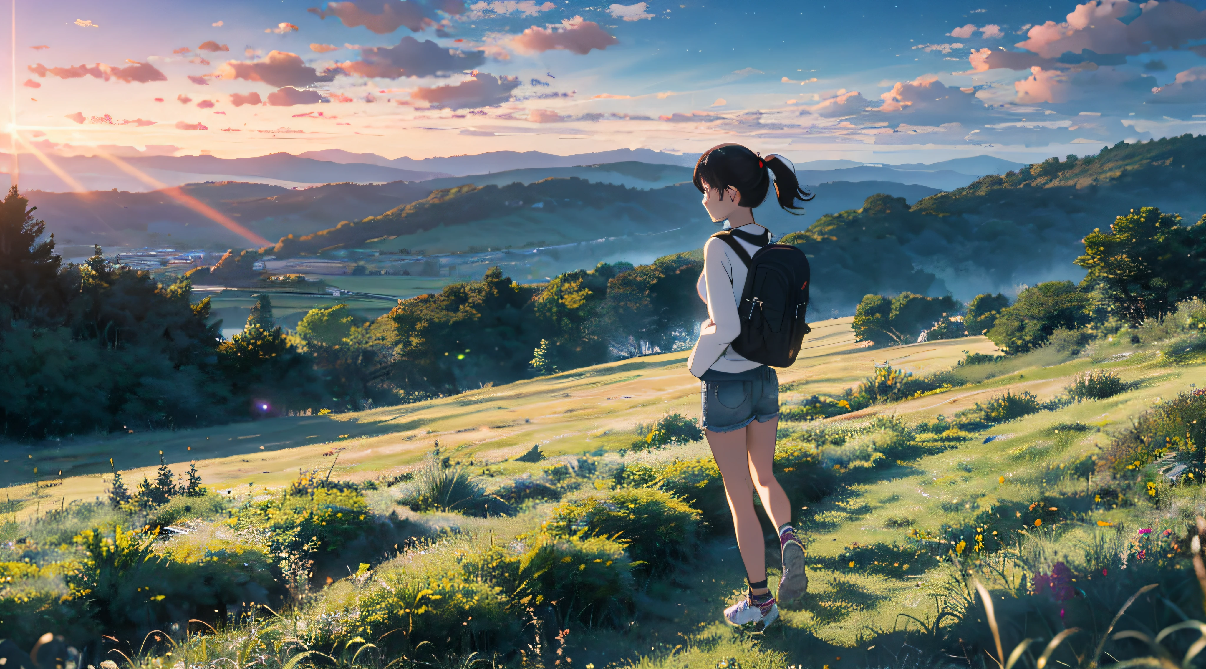 Anime girl standing on a hill overlooking a valley with a sunset ...