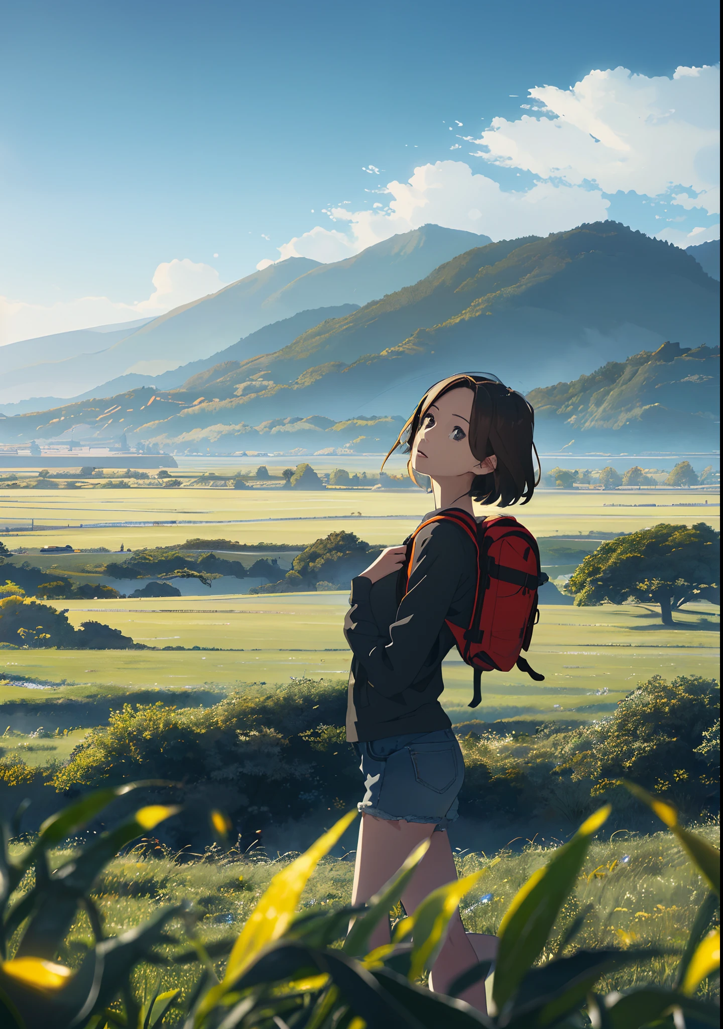 (beautiful and magnificent skyline, majestic sky), (extremely tense and dramatic pictures, moving visual effects), (high hanging Polaris, colorful natural light), (1girl), (long-sleeved top, denim shorts, carrying a backpack), (dynamic pose:1.3, black eyes, black hime-cut hair, sparkling girl)[:0.8], (large grassland), (oncoming breeze), (brown hair and background Coordination effect: 1.2), (close shot, long shot mix and match)[::0.9]