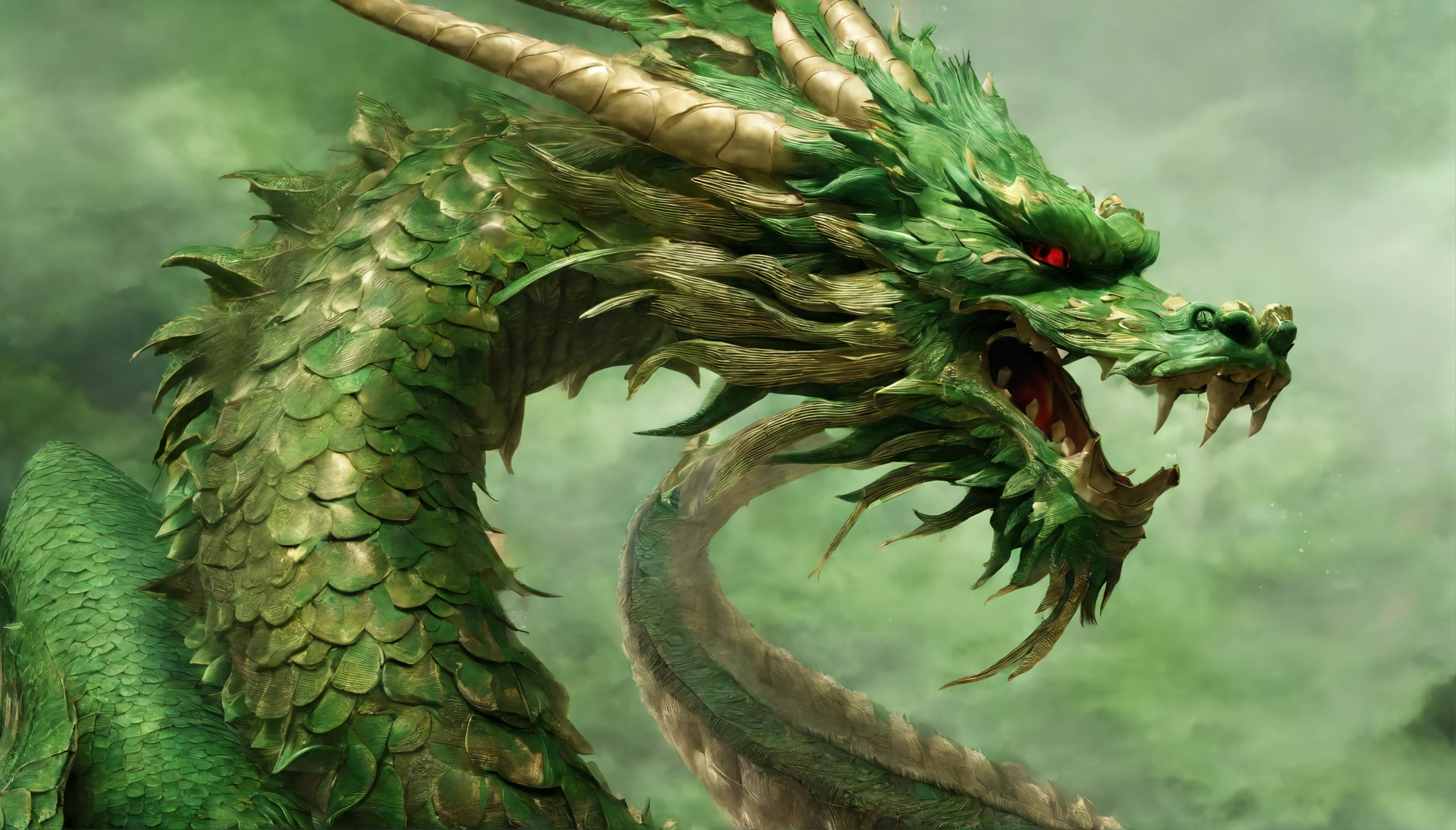 chinesedragon，Green Dragon，auspicious sign，mythological beasts，Long dragon whiskers，metal scales，腾云驾雾，high qulity，8K，rich details​，Great，Holy，sharp talons