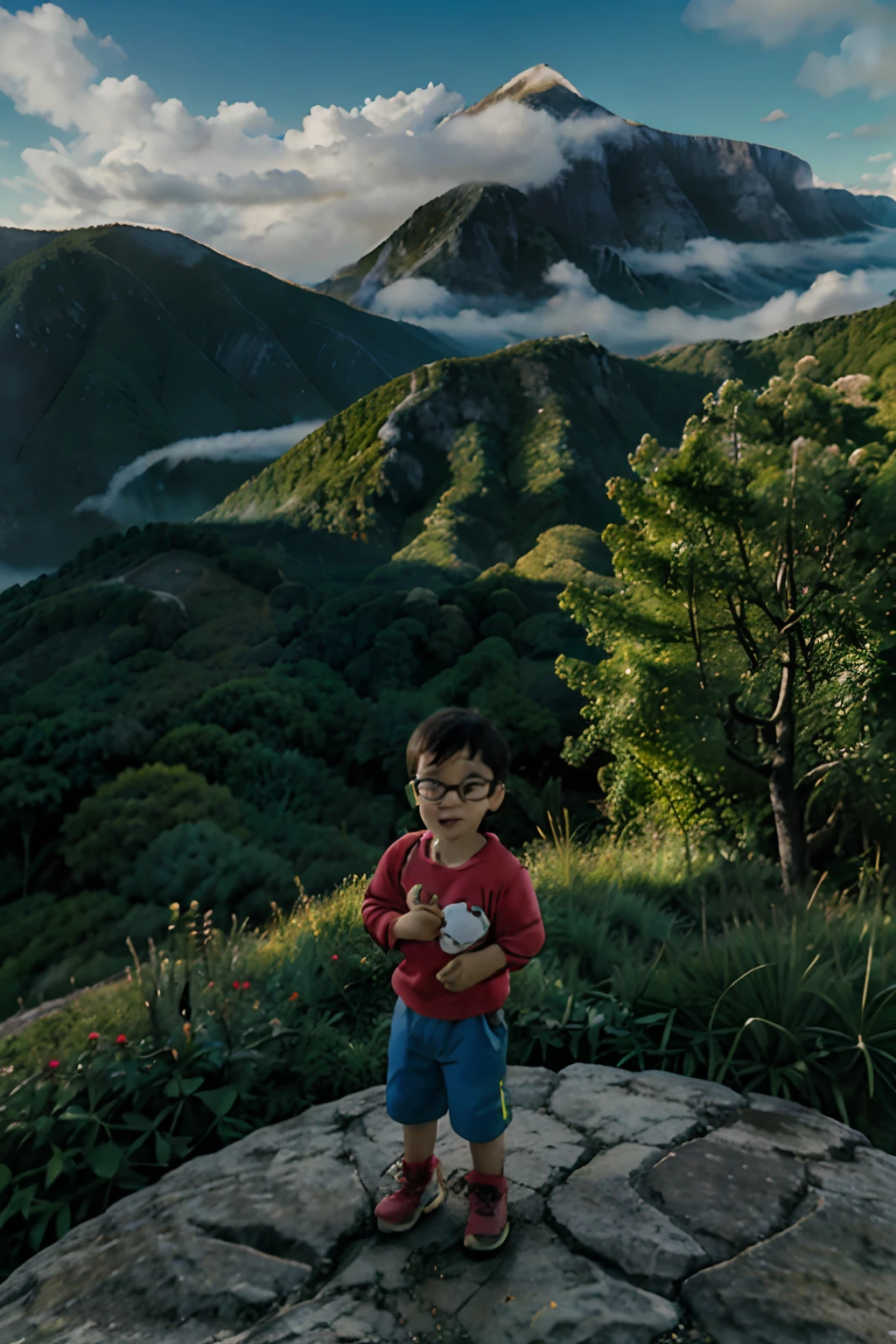 Create a stunning Studio Ghibli-style illustration that evokes a sense of wonder and serenity. A cena apresenta um menino de 3 anos, retratado com detalhes meticulosos, wearing glasses and hugging a teddy bear.The boy stands on the summit of an imposing mountain, cercado por uma paisagem inspiradora. The peak of the mountain is covered by a soft, luz dourada como o sol nasce, fundindo um quente, Brilho convidativo sobre a cena. O menino olha maravilhado para o sol que emerge, seu rosto iluminado por seus raios suaves.Muito abaixo, at sea level, lies a coastal city shrouded in a delicate mist, giving it a dreamy and ethereal quality. The city is partially obscured by fog, creating depth and emphasizing the vastness of the landscape.The illustration is a masterpiece of rich detail and intricate definition, rendered in glorious 8K resolution. Todos os aspectos, From the boy's expression to the textures of the mountain, is portrayed accurately and carefully.This enchanting scene captures the essence of curiosity and the joy of discovery as the boy witnesses the beauty of a new day from the top of the mountain. It's a moving and inviting depiction of a moment filled with innocence and admiration.