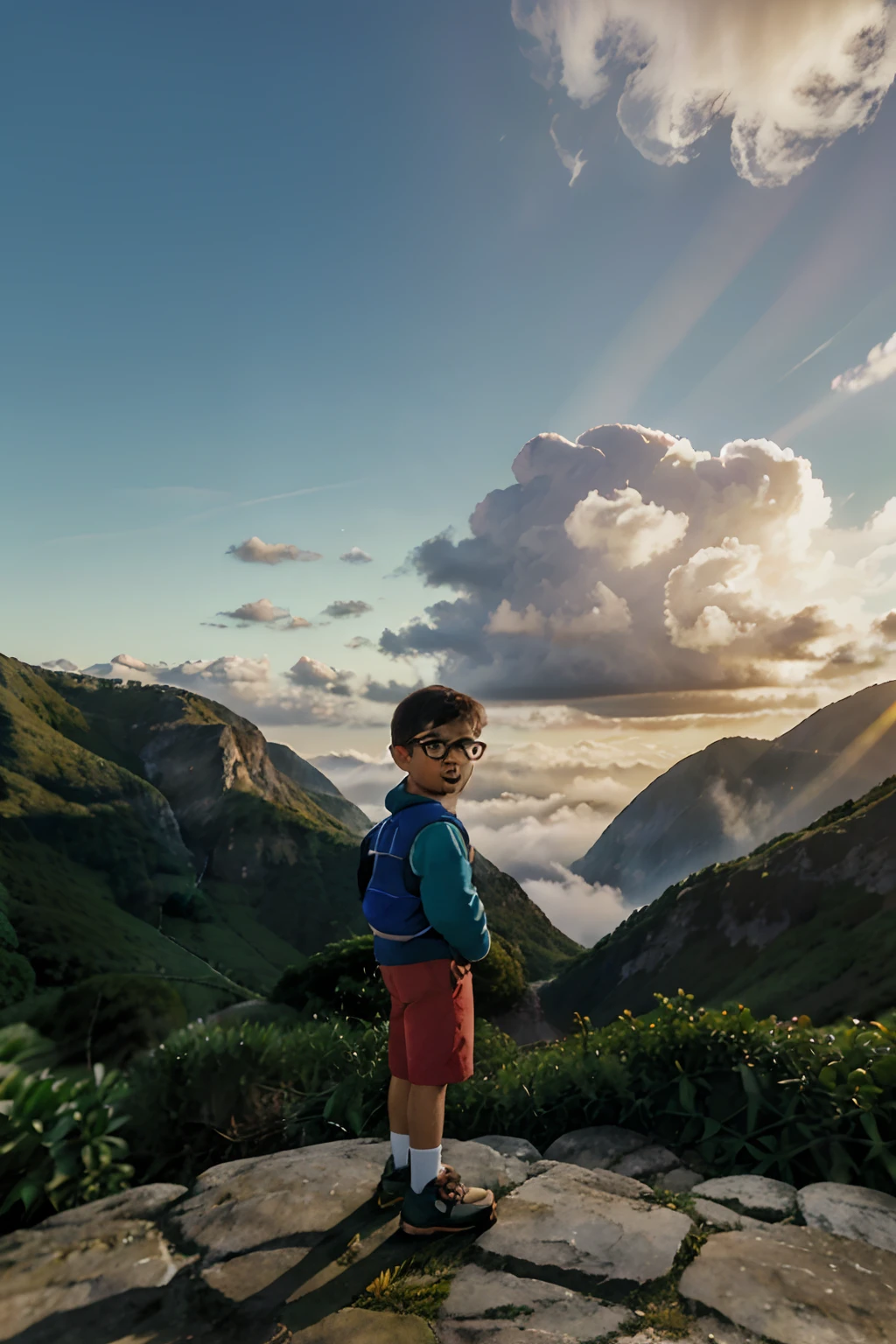 Create a stunning Studio Ghibli-style illustration that evokes a sense of wonder and serenity. A cena apresenta um menino de 3 anos, retratado com detalhes meticulosos, wearing glasses and hugging a teddy bear.The boy stands on the summit of an imposing mountain, cercado por uma paisagem inspiradora. The peak of the mountain is covered by a soft, luz dourada como o sol nasce, fundindo um quente, Brilho convidativo sobre a cena. O menino olha maravilhado para o sol que emerge, seu rosto iluminado por seus raios suaves.Muito abaixo, at sea level, lies a coastal city shrouded in a delicate mist, giving it a dreamy and ethereal quality. The city is partially obscured by fog, creating depth and emphasizing the vastness of the landscape.The illustration is a masterpiece of rich detail and intricate definition, rendered in glorious 8K resolution. Todos os aspectos, From the boy's expression to the textures of the mountain, is portrayed accurately and carefully.This enchanting scene captures the essence of curiosity and the joy of discovery as the boy witnesses the beauty of a new day from the top of the mountain. It's a moving and inviting depiction of a moment filled with innocence and admiration.
