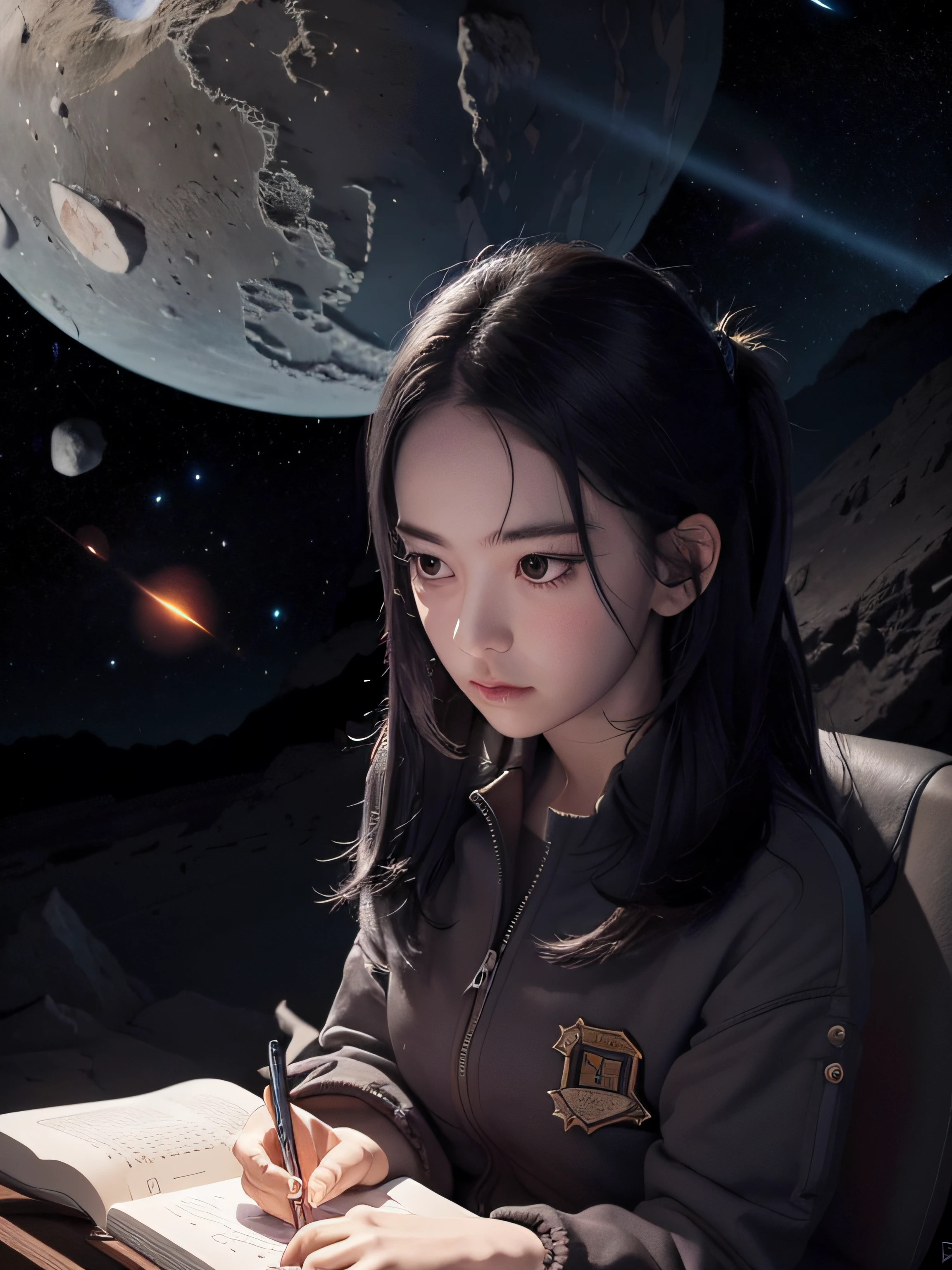 Drawing a young programmer, sitting on a research platform floating in the middle of an asteroid belt. She is studying in a notebook, surrounded by several asteroids glowing with fiery auras. Dramatic lighting from distant stars and planets illuminates the scene, Cast a deep shadow on one piece. She looks confident and determined., Looking at the vast and mysterious universe with wonder and respect,