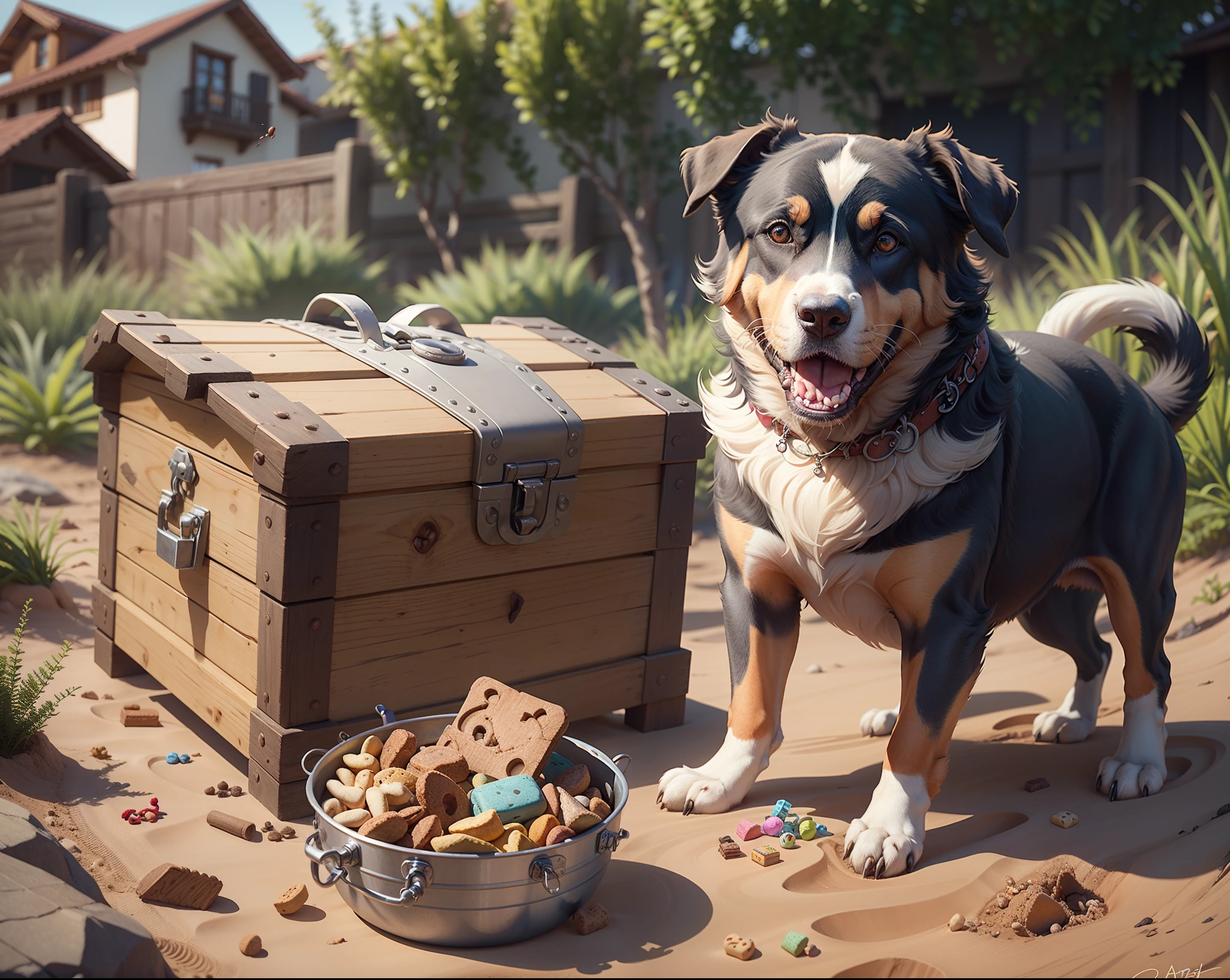 A Swiss Mountain Dog is in the backyard, digging a hole. The dog pulls out a treasure chest filled with dog treats and toys. Hyper-realistic, 8K, Ultra HD, Pixar style, Disney style, CINEMA 4D, -- ar 3:2A Swiss Mountain Dog is in the backyard, digging a hole. The dog pulls out a treasure chest filled with dog treats and toys. Hyper-realistic, 8K, Ultra HD, Pixar style, Disney style, CINEMA 4D, -- ar 3:2 --auto --s2