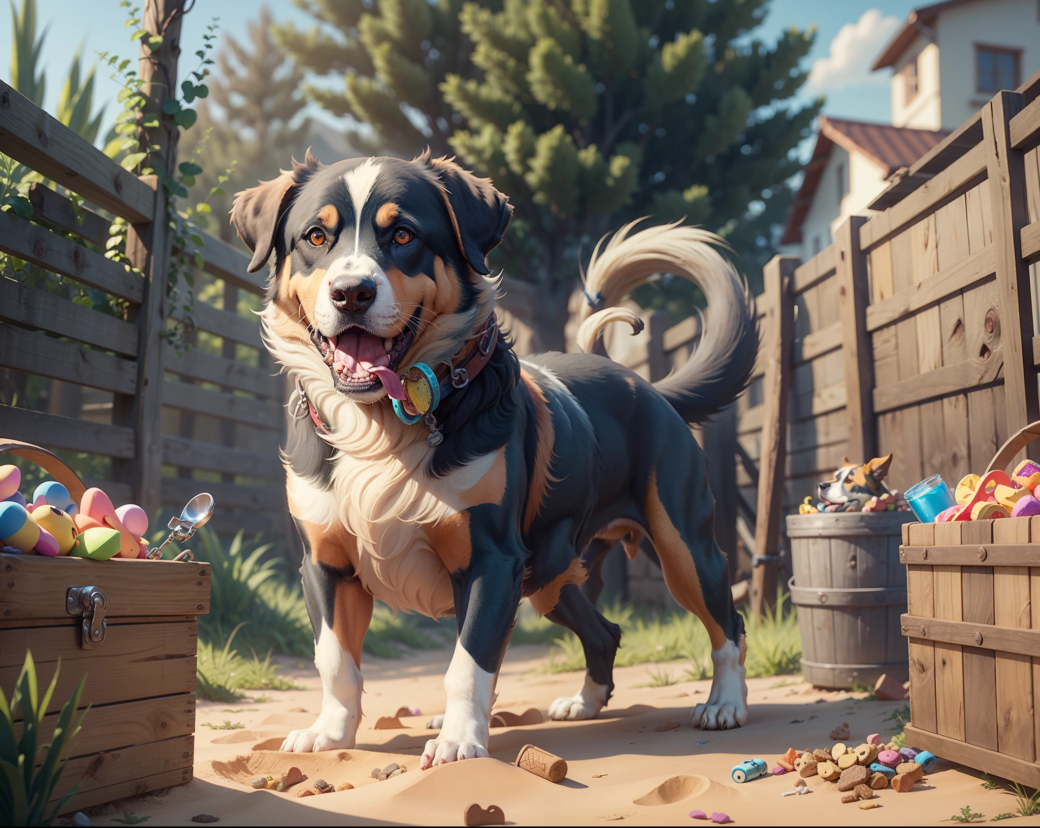 A Swiss Mountain Dog is in the backyard, digging a hole. The dog pulls out a treasure chest filled with dog treats and toys. Hyper-realistic, 8K, Ultra HD, Pixar style, Disney style, CINEMA 4D, -- ar 3:2A Swiss Mountain Dog is in the backyard, digging a hole. The dog pulls out a treasure chest filled with dog treats and toys. Hyper-realistic, 8K, Ultra HD, Pixar style, Disney style, CINEMA 4D, -- ar 3:2 --auto --s2