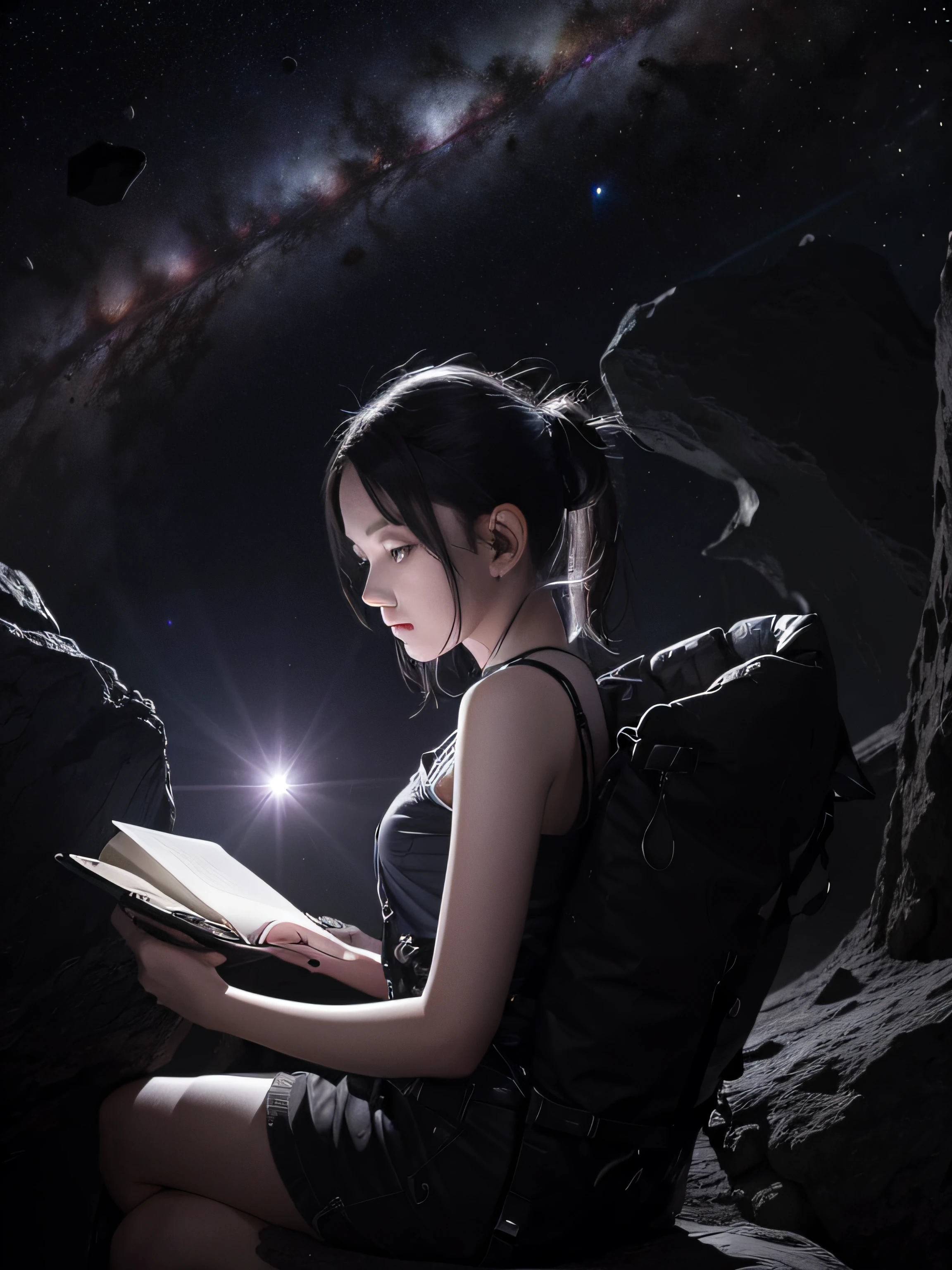 Drawing a young programmer, sitting on a research platform floating in the middle of an asteroid belt. She is studying in a notebook, surrounded by several asteroids glowing with fiery auras. Dramatic lighting from distant stars and planets illuminates the scene, Cast a deep shadow on one piece. She looks confident and determined., Looking at the vast and mysterious universe with wonder and respect,