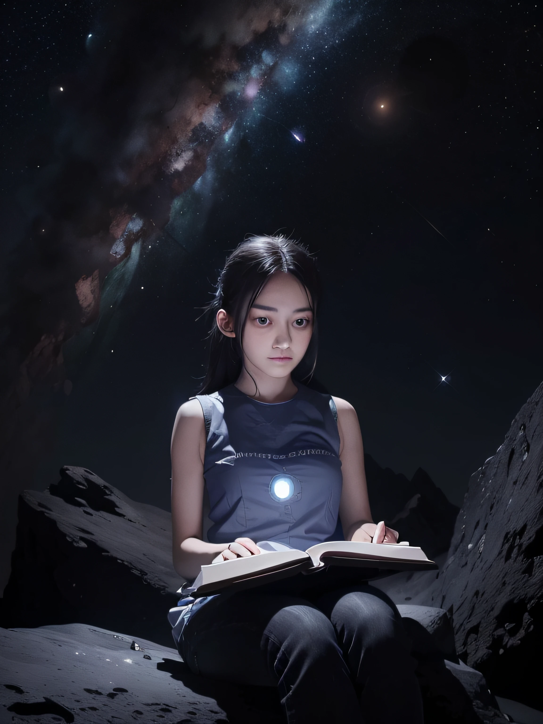Drawing a young programmer, sitting on a research platform floating in the middle of an asteroid belt. She is studying in a notebook, surrounded by several asteroids glowing with fiery auras. Dramatic lighting from distant stars and planets illuminates the scene, Cast a deep shadow on one piece. She looks confident and determined., Looking at the vast and mysterious universe with wonder and respect,