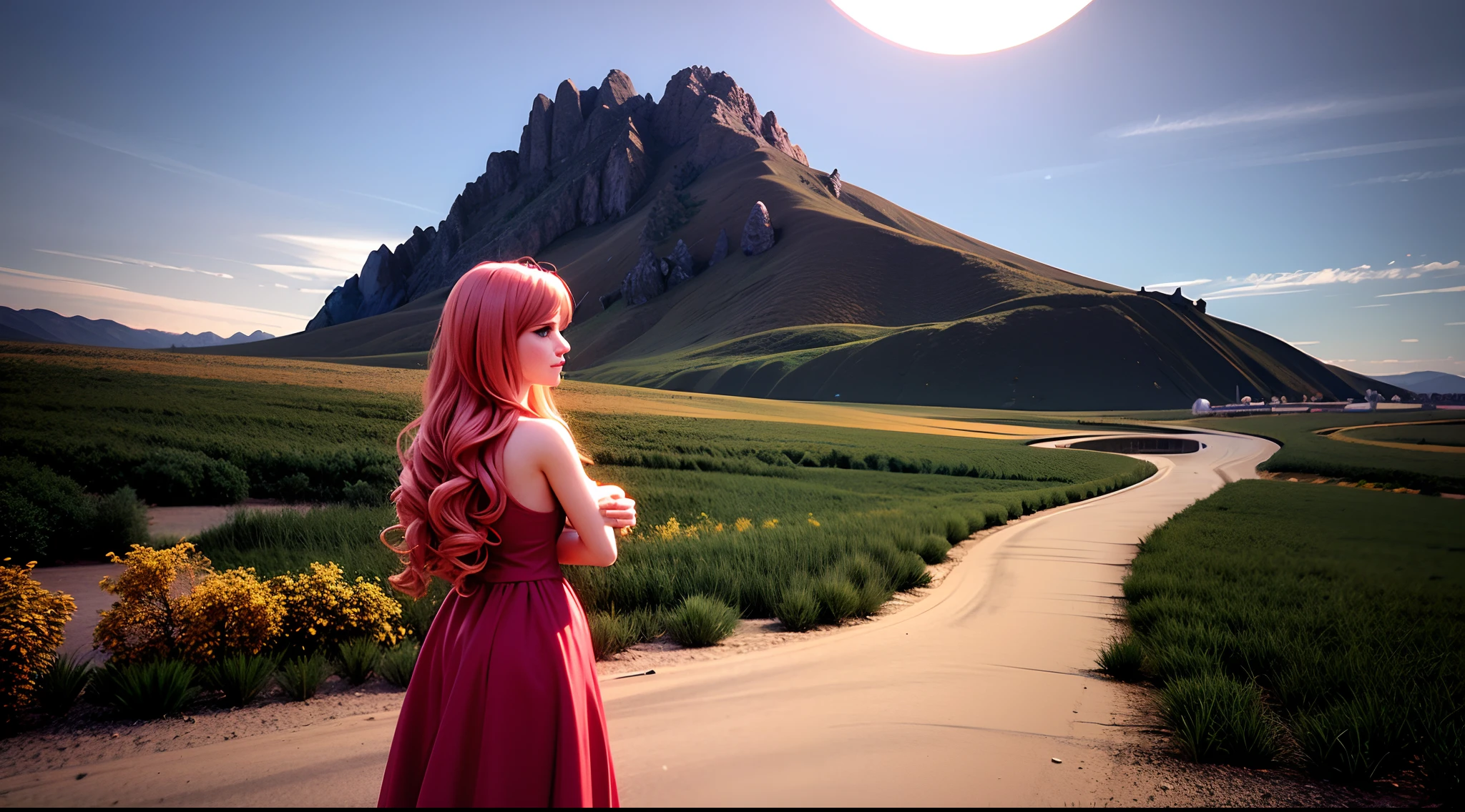 (Background Centre:1.6), 3D Animation film, CG Animation, high quality Animation, 1 girl and animals, silver tiger, Prayer to Peace, red hair, long curly hair, smile, blush, green gradient Long dresses, Standing on the edge of a sheer cliff, Back shot, a large red moon, vaguely reddish nebulous clouds. detailed background: 1.2, Fantastic light effects, 3DMM