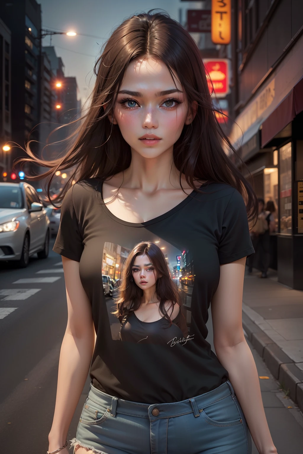 ((Best Quality, 8K, Masterpiece:1.3)), Focus: 1.2, Perfect Body Beauty: 1.4, Buttocks: 1.2, ((Layered Haircut, Beautiful Breasts: 1.2)), (Wet Clothes: 1.1) , (Rain, Street:1.3), Loose Clothes, (Crop Top T-shirt: 1.1), Crinkled skirt, highly detailed face and skin texture, Fine eyes, Double eyelids, whitened skin, messy hair: 1.2, Long hair, (Shut up: 1.3),