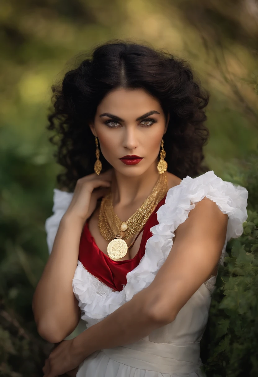Green-eyed, black-haired gypsy, White shirt with gold medal，Red dress with ruffles, Shell necklace.