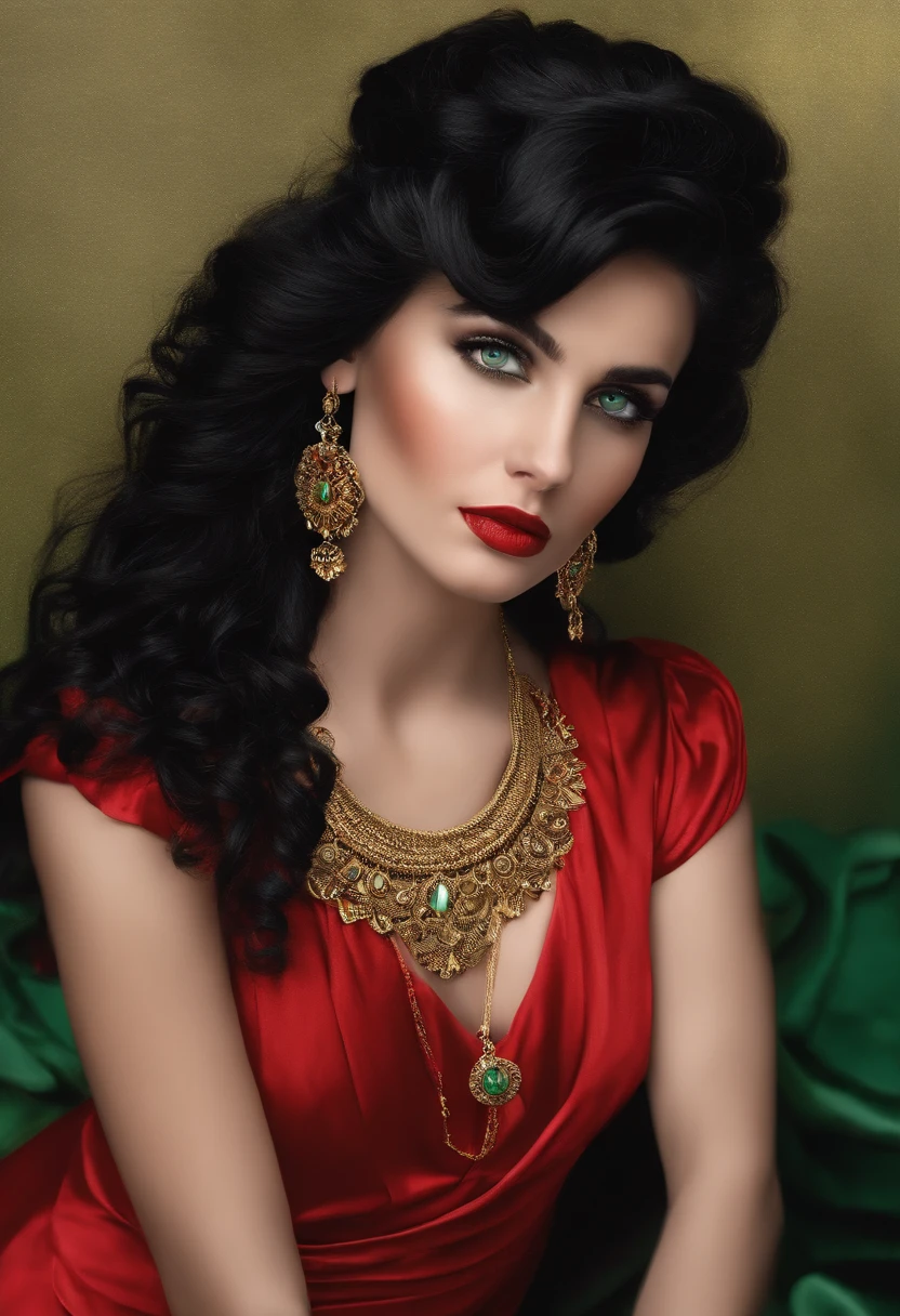 Green-eyed, black-haired gypsy, White shirt with gold medal,Red dress with ruffles, Shell necklace.