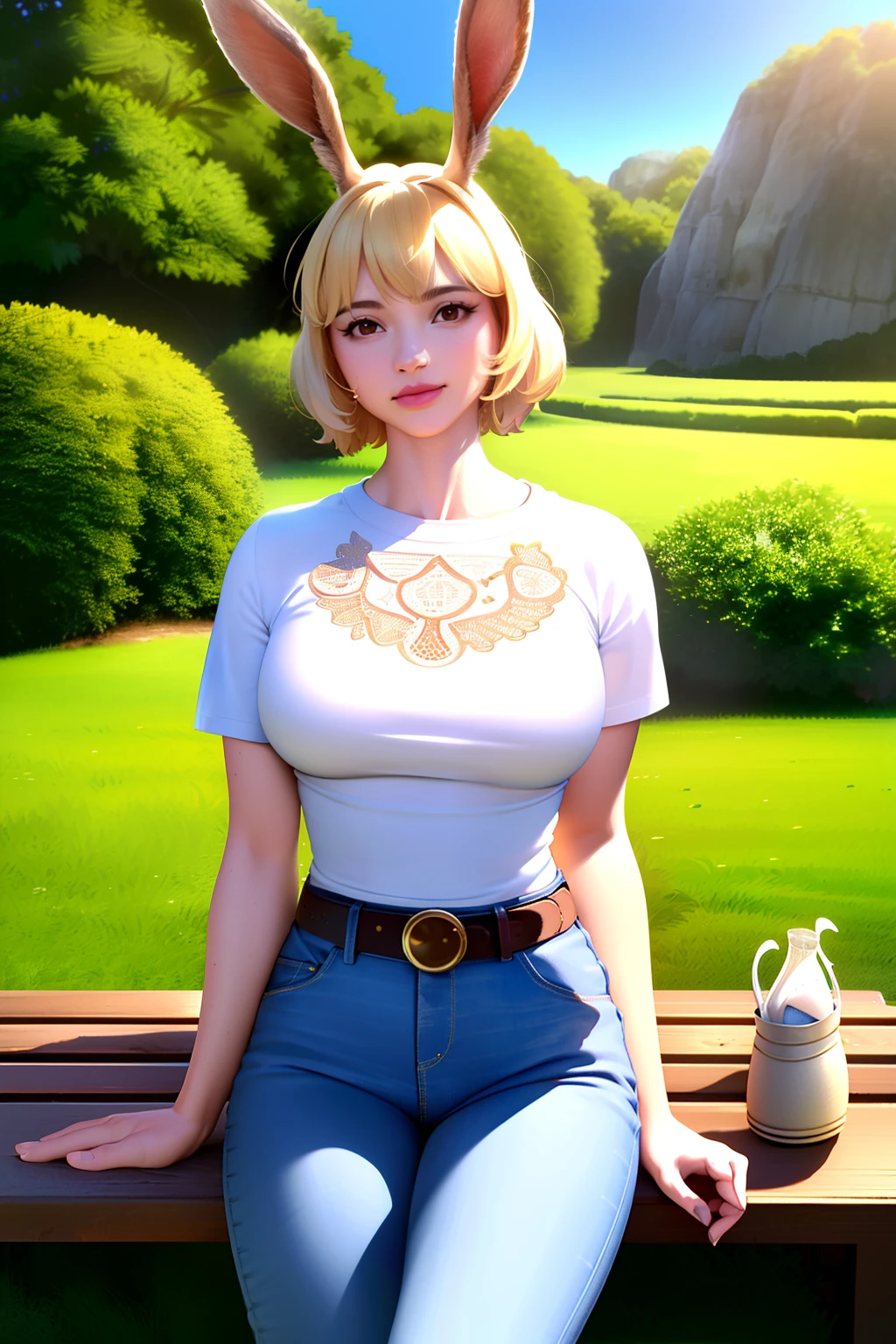 ultra realistic 8k cg, (((ultra detailed background, delicate pattern, intricate detail, highly detailed, fine details))), best quality, (photorealistic:1.4),beautiful lighting, absurdres, RAW photo, film grain, ((medium breasts, slim girl)), CarrotChan, 1girl, solo, blonde hair, animal ears, rabbit ears, rabbit girl, furry female, furry, short hair, smile, rabbit tail, (jeans, t-shirt, round neck, sitting, bench, outdoors, belt, cowboy shot,), brown eyes, animal nose, ((complex detailed background, grass, trees, vines, ocean, rocks, nature environment, close-up, portrait)),