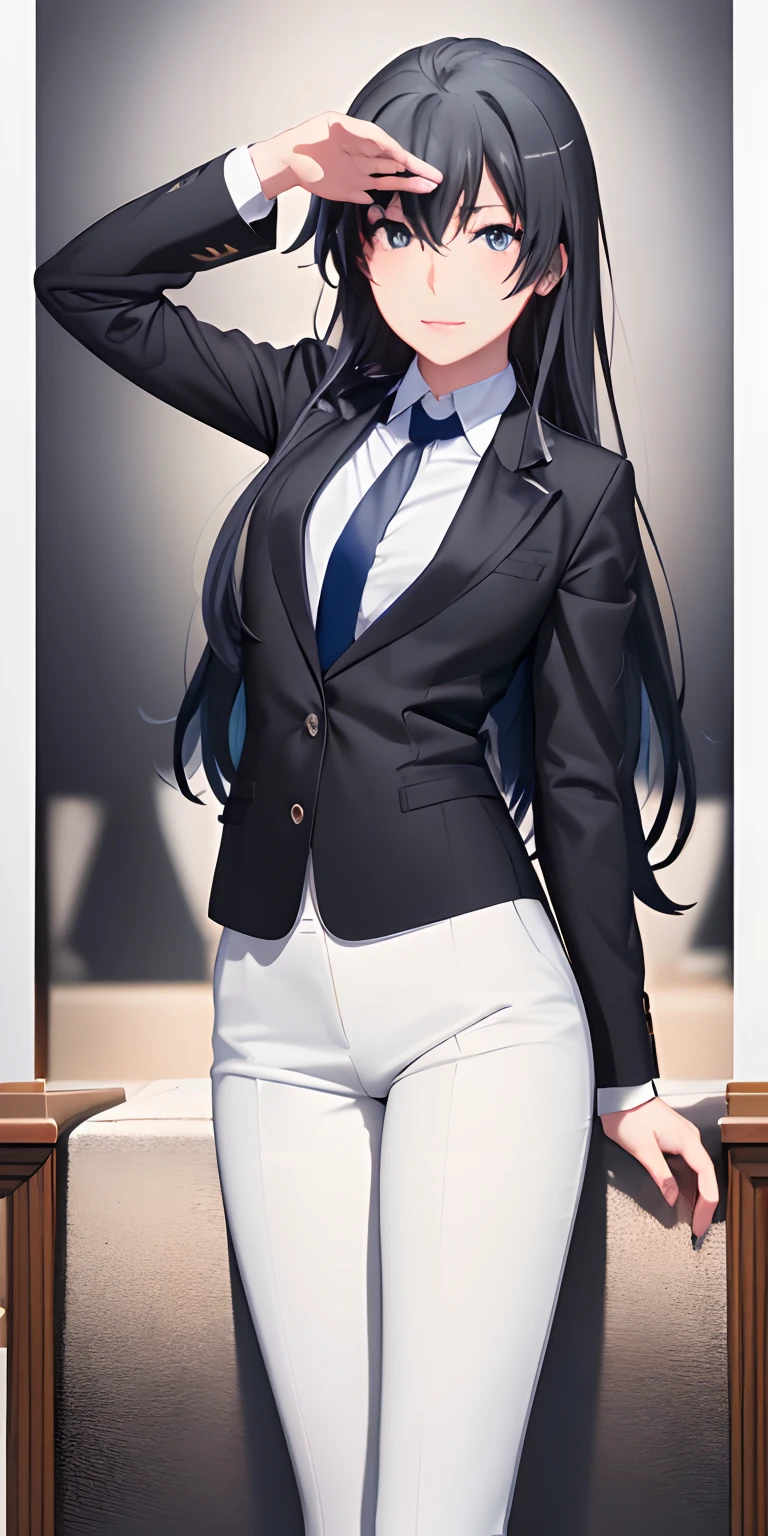 (best quality,4k,8k,highres,masterpiece:1.2),extremely detailed eyes and face,Yukinoshita Yukino, Standing, outfit body, Wearing Black Tuxedo, And Tight white pants, Curvel girl, badass, Have many girls, blue necktie, smiling, wallpaper, beautiful detailed eyes,beautiful detailed lips,longeyelashes,vivid colors,portrait,sharp focus,professional,studio lighting,ultra-fine painting,realistic