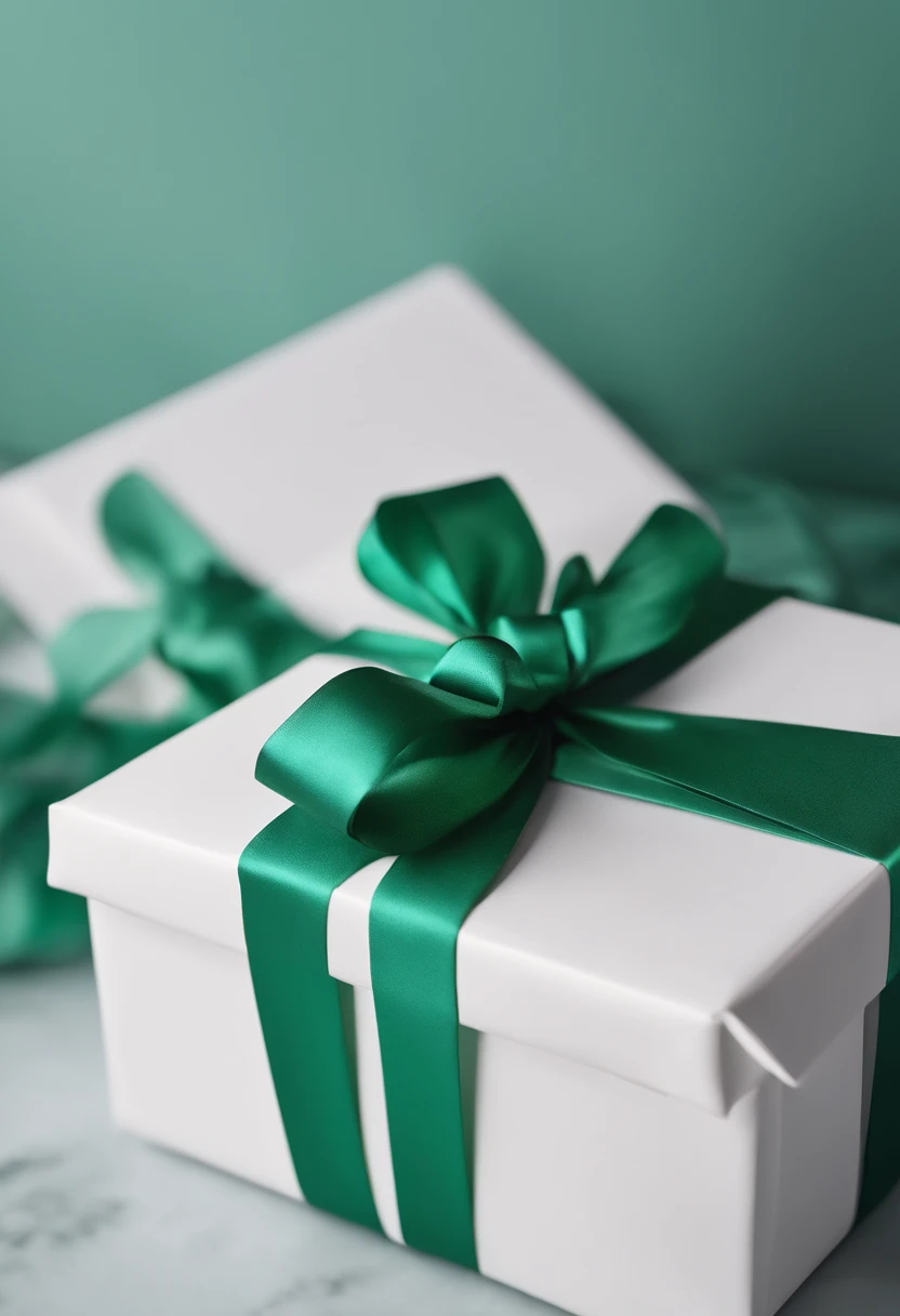 Close-up of white gift box with green knot, angled, Product photo, heavy, Official product photo, Blue-green paper,  product image, seen from the side