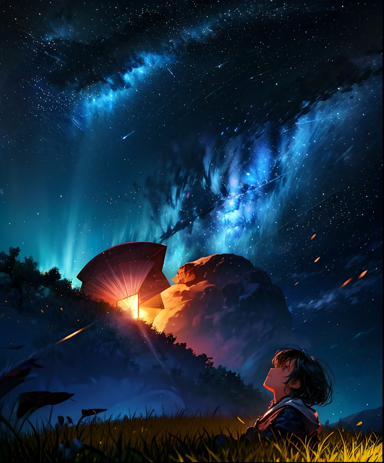 Describe a scene where a cute girl character is lying on a grassy hill, Looking up at the starry sky. Surround her with colorful nebulae and her favorite constellations.