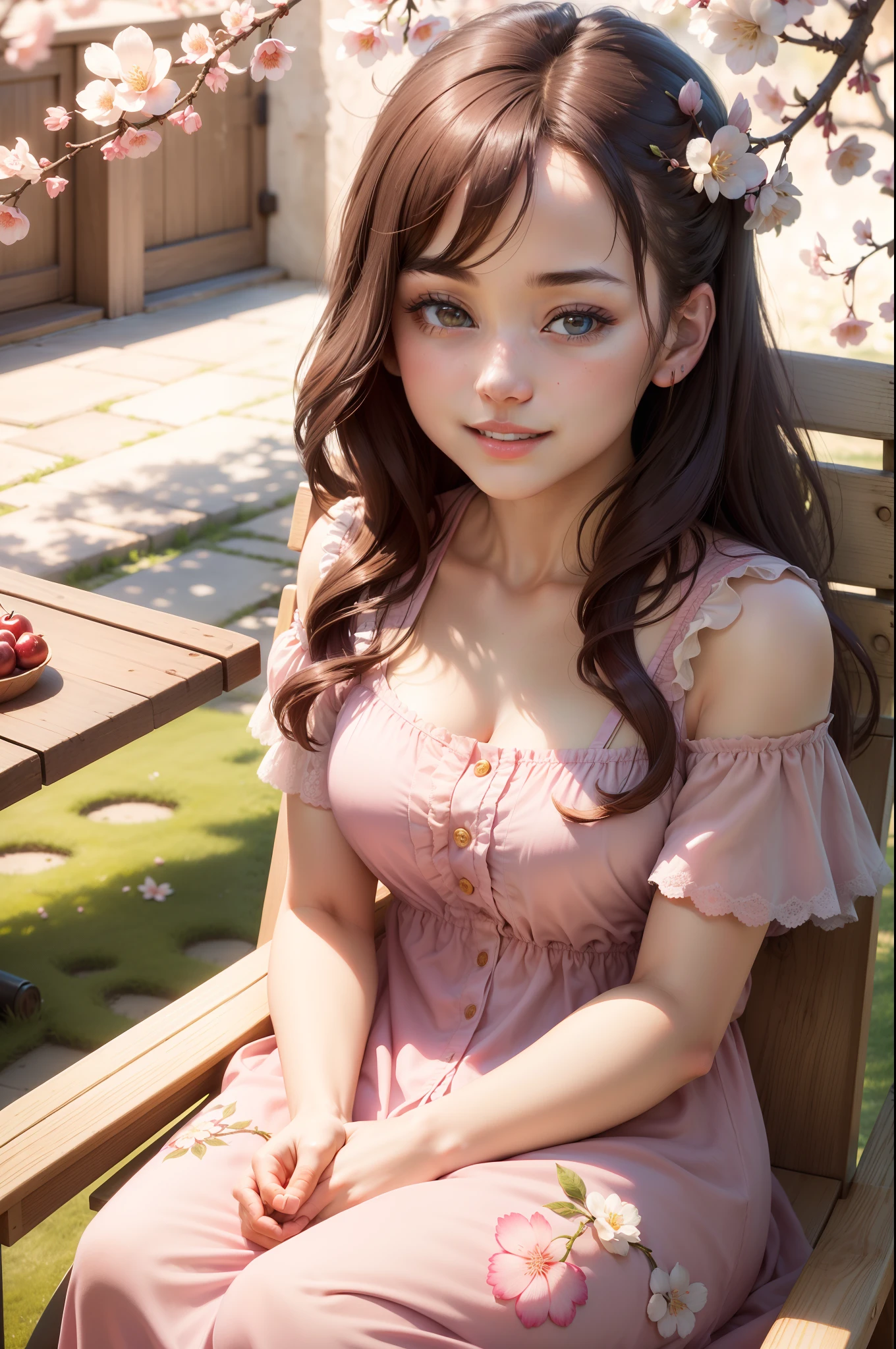 (best quality,4k,8k,highres,masterpiece:1.2),ultra-detailed,(realistic,photorealistic,photo-realistic:1.37),a girl with beautiful hair, vibrant eyes, and radiant smile, lying under a cherry tree in a peaceful garden, surrounded by blooming cherry blossoms, gentle sunlight filters through the branches and leaves, casting warm shades of pink and gold, the girl is wearing a flowing summer dress, with delicate floral patterns, her dress matches the colors of the cherry blossoms, creating a harmonious and serene atmosphere, nearby, there is a basket filled with ripe and juicy cherries, adding a pop of red to the scene, the girl's laughter fills the air, as she enjoys the company of her neighbor, Mrs. Pear, who is sitting next to her, engrossed in a book, the garden is filled with the sound of birds chirping and the scent of cherry blossoms, creating a delightful sensory experience, the girl and Mrs. Pear have formed a close bond, spending leisurely afternoons together, cherishing the simple pleasures of life, as they create beautiful memories under the cherry tree.