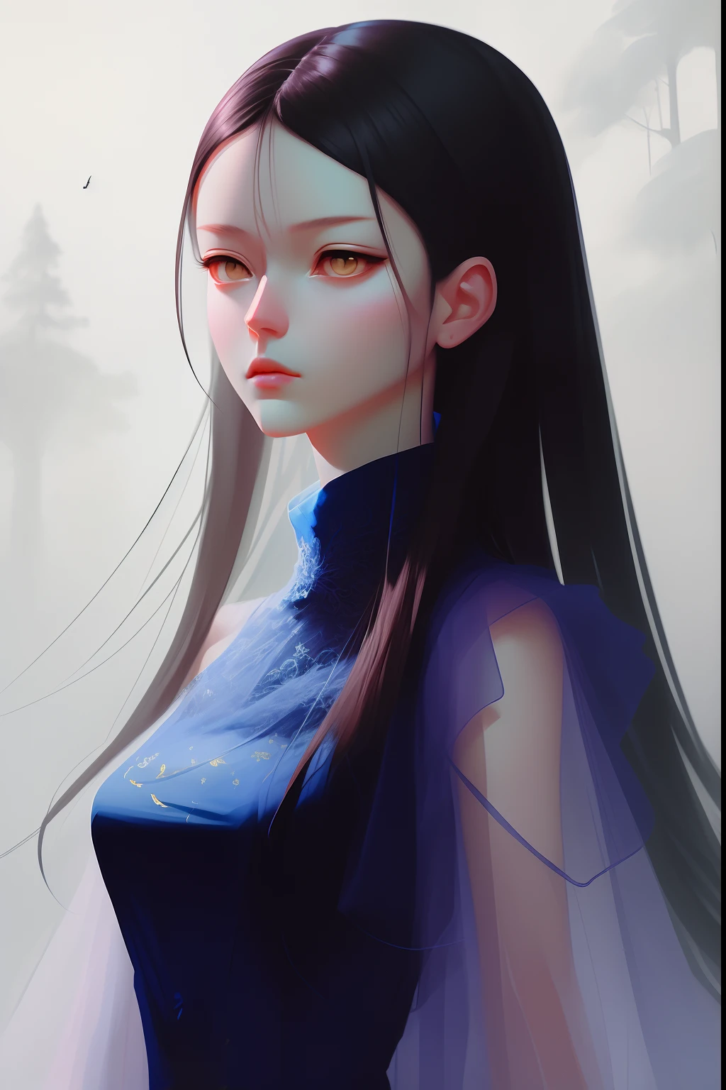 Winter in the misty forest，In the snow stood a lady in a royal blue tulle dress。Brunette lady，Light gauze dress, turtleneck dress，inspired by Igor Kieryluk, Draped in a long shawl，Covered with light apricot and gold, Light fog background，Soft light and shadow，inspired by Wadim Kashin, by Russell Dongjun Lu, inspired by Yanjun Cheng, inspired by Hsiao-Ron Cheng, Beautiful digital artwork,