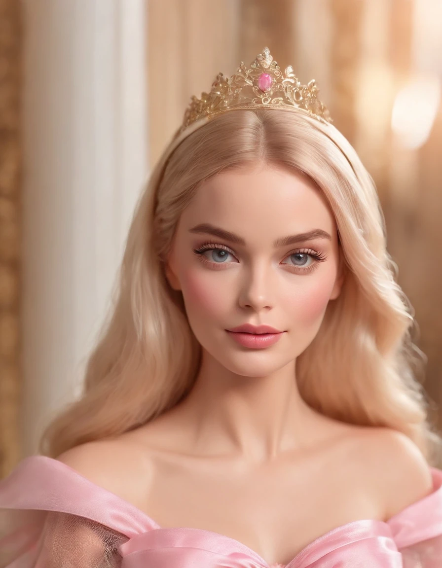 Cinematic scene,, Margot Robbie as Barbie,(photorealistic:1.4),shallow focus,establishing wide shot,1 girl, solo, cute face, (blush,shy:1.3),long eyelashes, (light yellow long soft waves hair:1.2), (huge-pink-bow headdress:1.3), cartoon_portrait,  BEAK (The Mesh Overlay Dress: Wearing a dress with a delicate mesh overlay, adding an element of allure to her ensemble:1.2), playful dynamic pose, BEAK, (style of Barbie pink), (photorealistic:1.6),(best quality, masterpiece, intricate detail), highly detailed, depth of field, nature lights,
