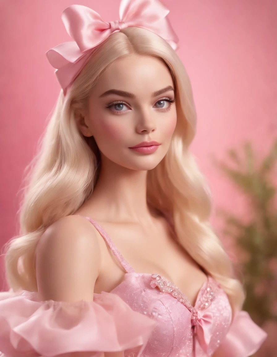 Cinematic scene,, Margot Robbie as Barbie,(photorealistic:1.4),shallow focus,establishing wide shot,1 girl, solo, cute face, (blush,shy:1.3),long eyelashes, (light yellow long soft waves hair:1.2), (huge-pink-bow headdress:1.3), cartoon_portrait, BEAK (The Mesh Overlay Dress: Wearing a dress with a delicate mesh overlay, adding an element of allure to her ensemble:1.2), playful dynamic pose, BEAK, (style of Barbie pink), (photorealistic:1.6),(best quality, masterpiece, intricate detail), highly detailed, depth of field, nature lights,