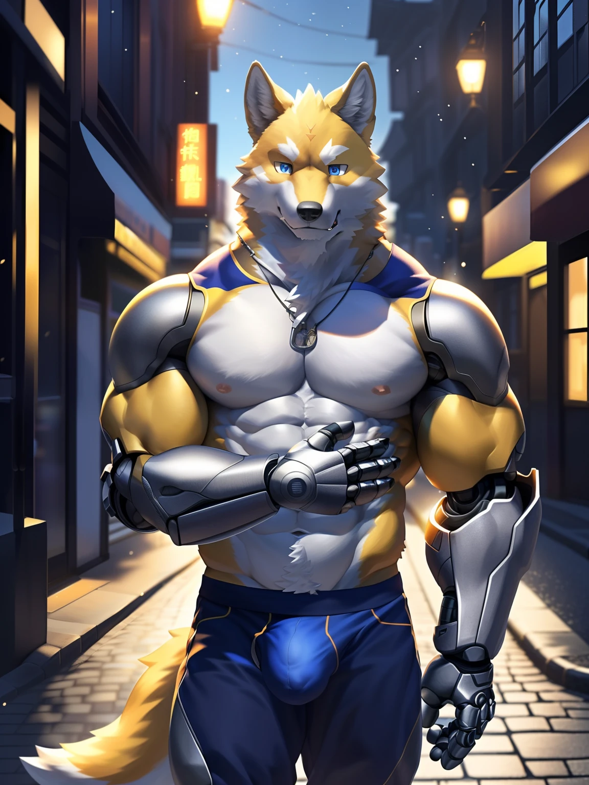 solo, (middle-aged male), (muscular), (male anthro wolf):1.3, yellow fur body, white belly, (standing):1.3, (kemono:1.4) (praying):1.23, ((detailed casual clothes: 1.2)), slight bulge, detailed eyes, wolf tail, wolf ears, ((bust portrait)), (detailed eyes, blue eyes,): 1.1, (outdoor: 1.35), wind, street lights, street, daytime, (particles, scattered letters, orange glow): 1.3, detailed background, realistic hands, 8k hd, (dark shadows, wide dynamic range, hdr, low light: 1.2), ((({only left arm prosthetic Metal Arm, rest of body is normal})))