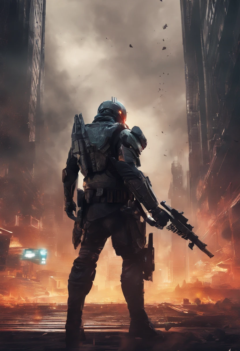 (highres,realistic),(male),(bounty hunter:1.1),(bulletproof armor),(back turned to viewer),(dual-wielding pistols),(intense gaze),(rugged and muscular build),(dynamic pose),(sci-fi),(dark and gritty atmosphere),(sharp focus),(studio lighting),(vivid colors),(detailed texture),(dystopian setting),(futuristic cityscape),(smoke and dust particles),(contrasting highlights and shadows),(epic action),(dangerous and mysterious),(powerful presence),(tense anticipation),(determined expression),(urban landscape),(metallic sheen),(heroic character),(sleek design),(high-tech gadgets),(imposing silhouette),(intimidating aura),(adrenaline rush)