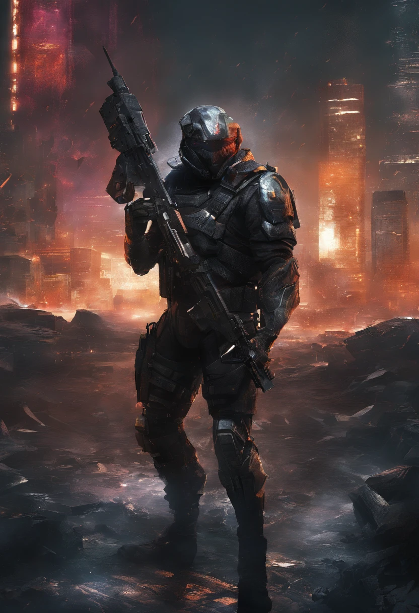 (highres,realistic),(male),(bounty hunter:1.1),(bulletproof armor),(back turned to viewer),(dual-wielding pistols),(intense gaze),(rugged and muscular build),(dynamic pose),(sci-fi),(dark and gritty atmosphere),(sharp focus),(studio lighting),(vivid colors),(detailed texture),(dystopian setting),(futuristic cityscape),(smoke and dust particles),(contrasting highlights and shadows),(epic action),(dangerous and mysterious),(powerful presence),(tense anticipation),(determined expression),(urban landscape),(metallic sheen),(heroic character),(sleek design),(high-tech gadgets),(imposing silhouette),(intimidating aura),(adrenaline rush)