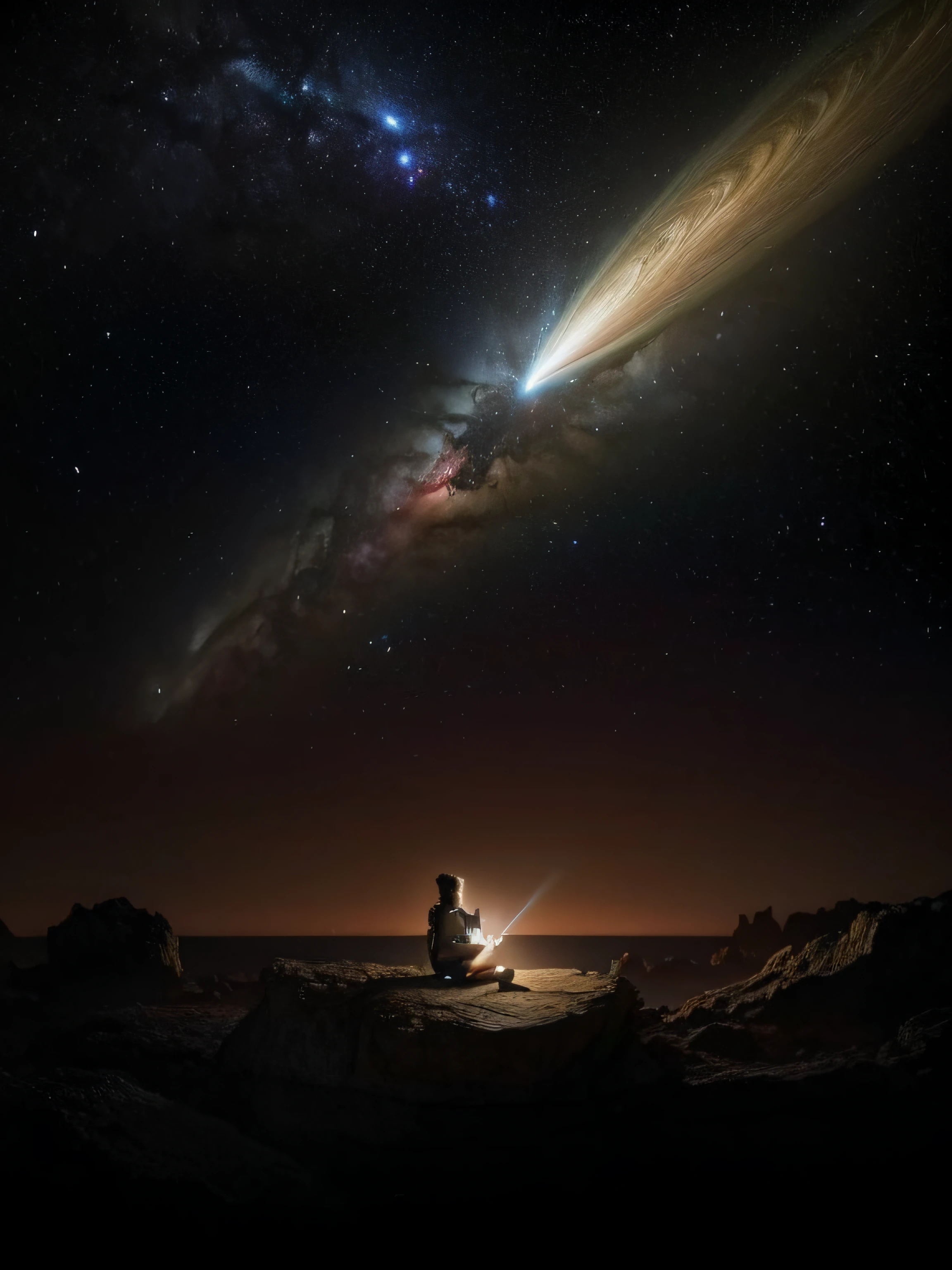 Drawing a young programmer, sitting on a research platform floating in the middle of an asteroid belt. She is studying in a notebook, surrounded by several asteroids glowing with fiery auras. Dramatic lighting from distant stars and planets illuminates the scene, Cast a deep shadow on one piece. She appears confident and determined., Looking at the vast and mysterious universe with wonder and respect,