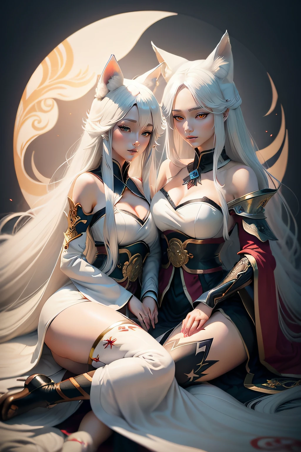 Anime girl with long hair and white wolf, a beautiful fox lady, Guviz, White-haired fox, a beautiful kitsune woman, Guviz-style artwork, Fantasy art style, Japanese art style, Kitsune, by Yang J, Beautiful anime style, long white hair, wolf women, sakimichan, Anime fantasy illustration
