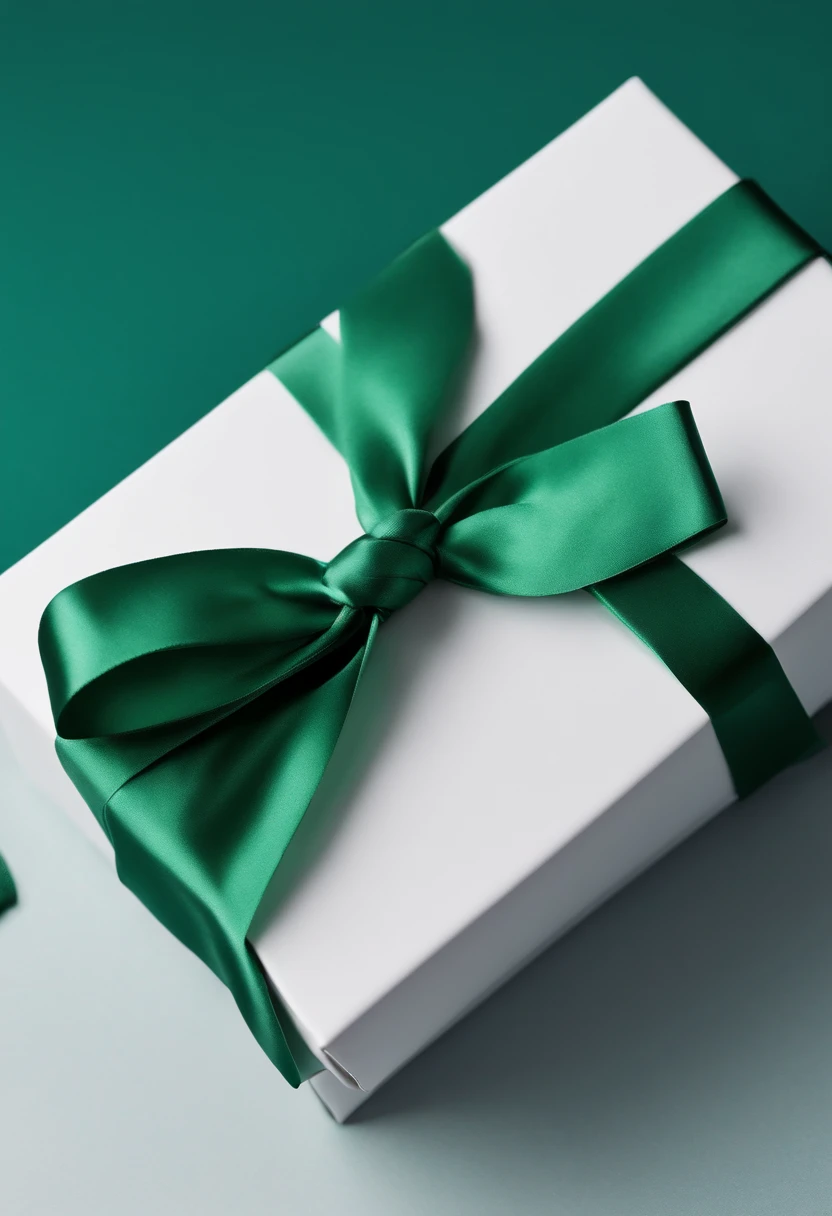 Close-up of white gift box with green knot,Tiny bow, angled, Product photo, heavy, Official product photo, Blue-green paper, product image, seen from the side, Lateral face, Single box,Clean background