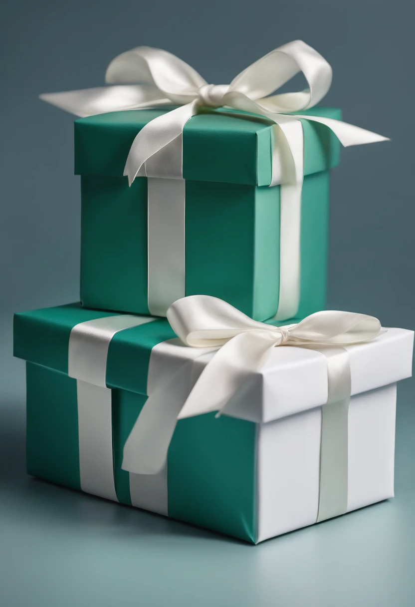 Close-up of white gift box with green knot,Tiny bow, angled, Product photo, heavy, Official product photo, Blue-green paper, product image, seen from the side, Lateral face, Single box,Clean background