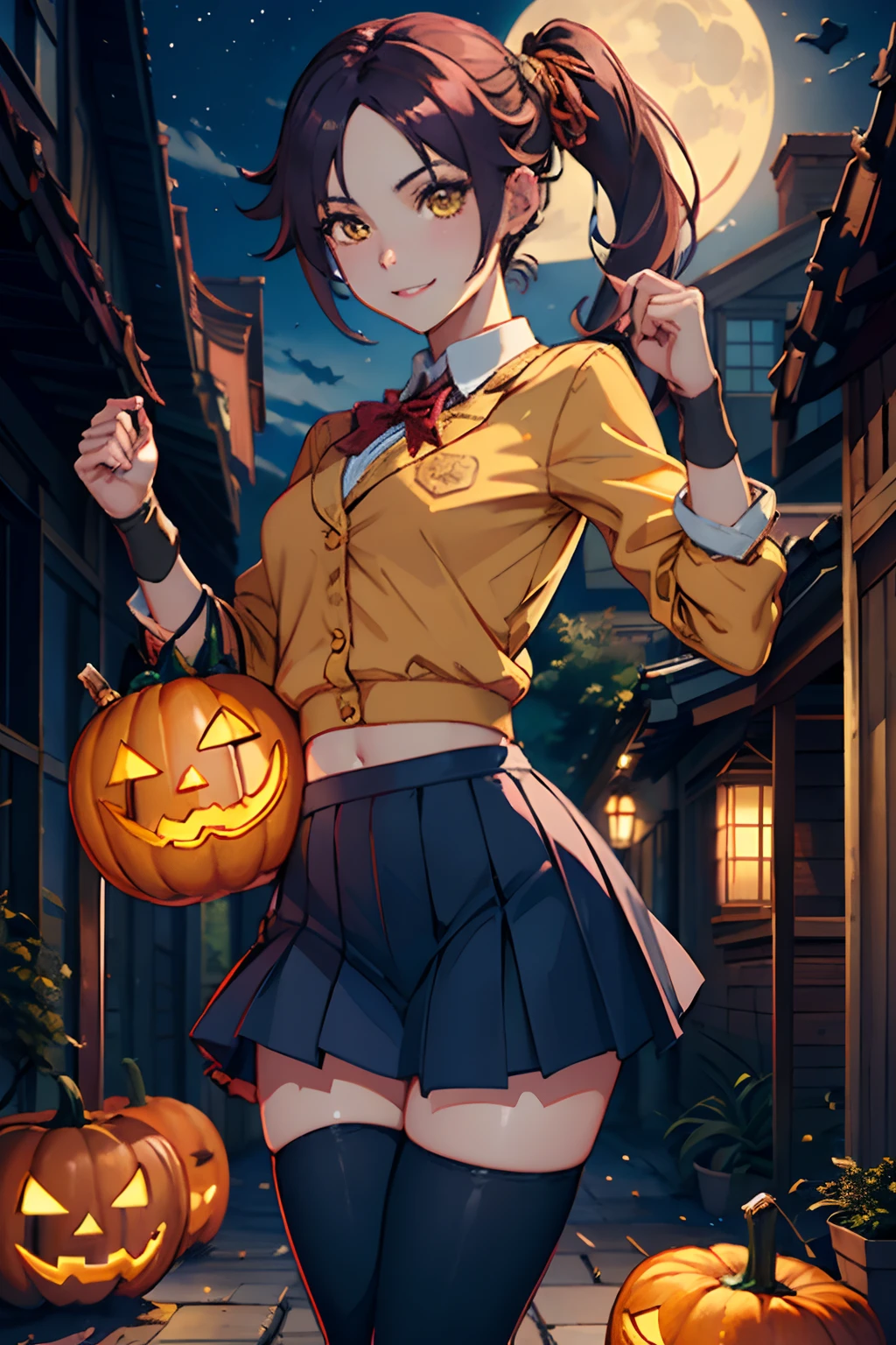 (masterpiece、top-quality:1.2)、cowboy shot、独奏、1girll、Shihoin Yoruichi、A smile、see the beholder、poneyTail、School Uniforms、a miniskirt、pantyhose、long boots、fullmoon、Pumpkin lantern