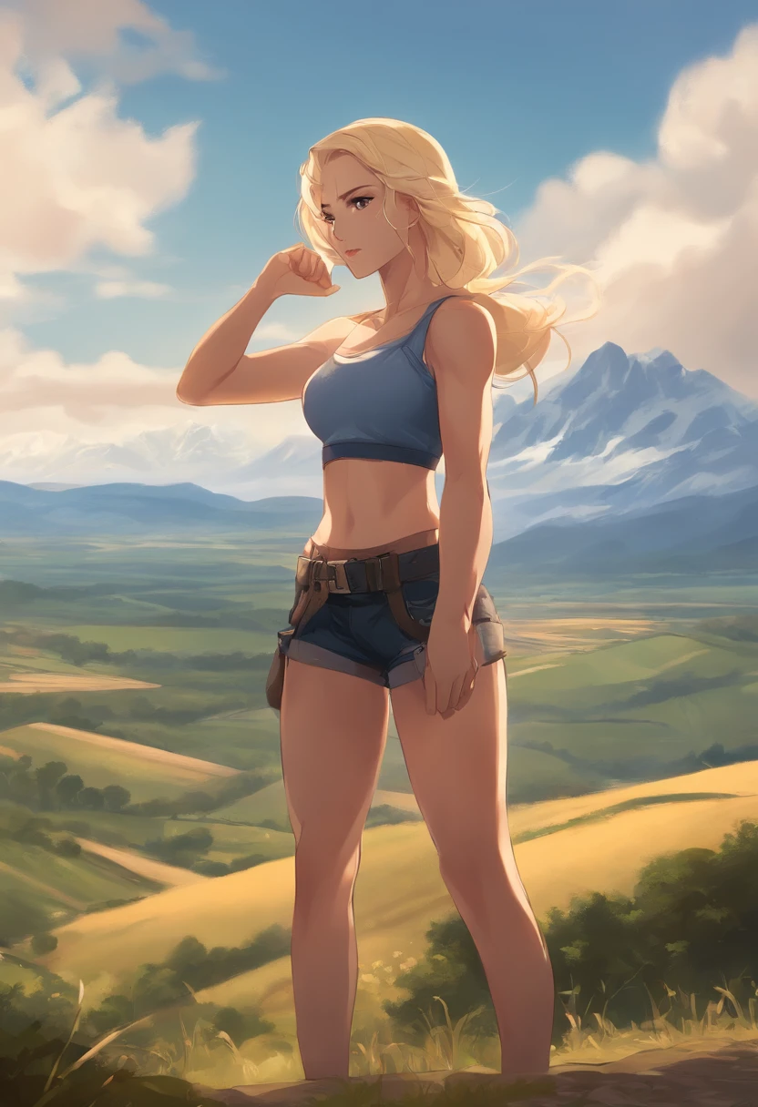 landscape, anime style, countryside, with mountains and clouds in the background.  Blonde girl, standing, short clothes, muscular, abs