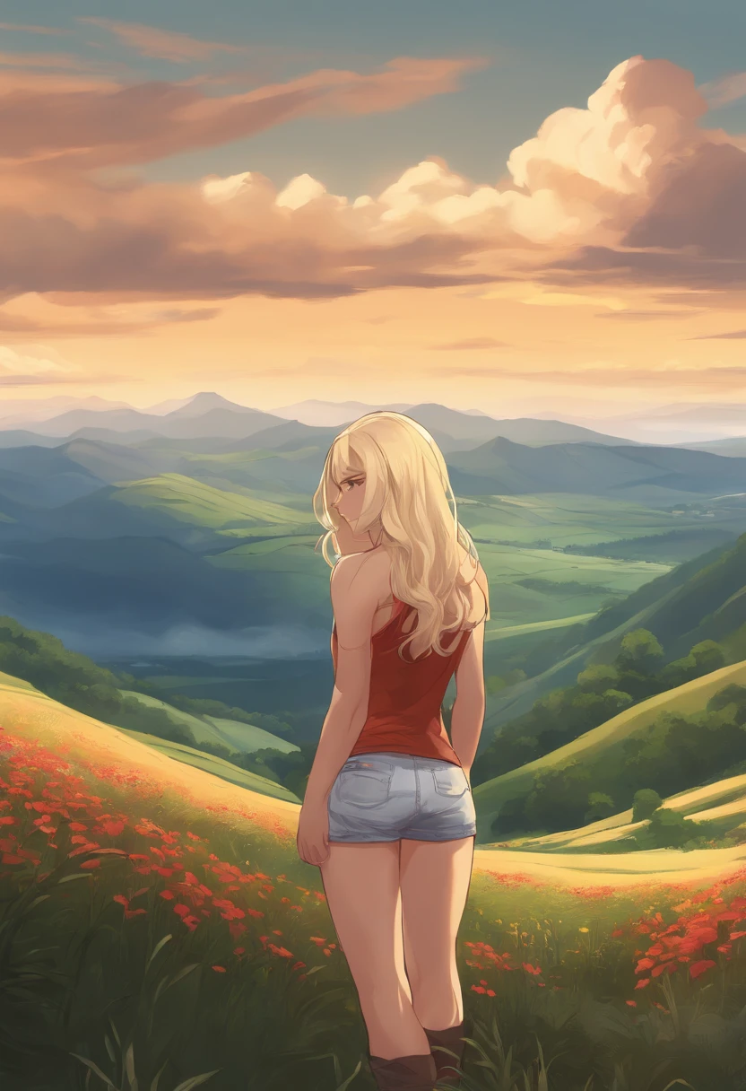 landscape, anime style, countryside, with mountains and clouds in the background.  Blonde girl, standing, short clothes, muscular, abs
