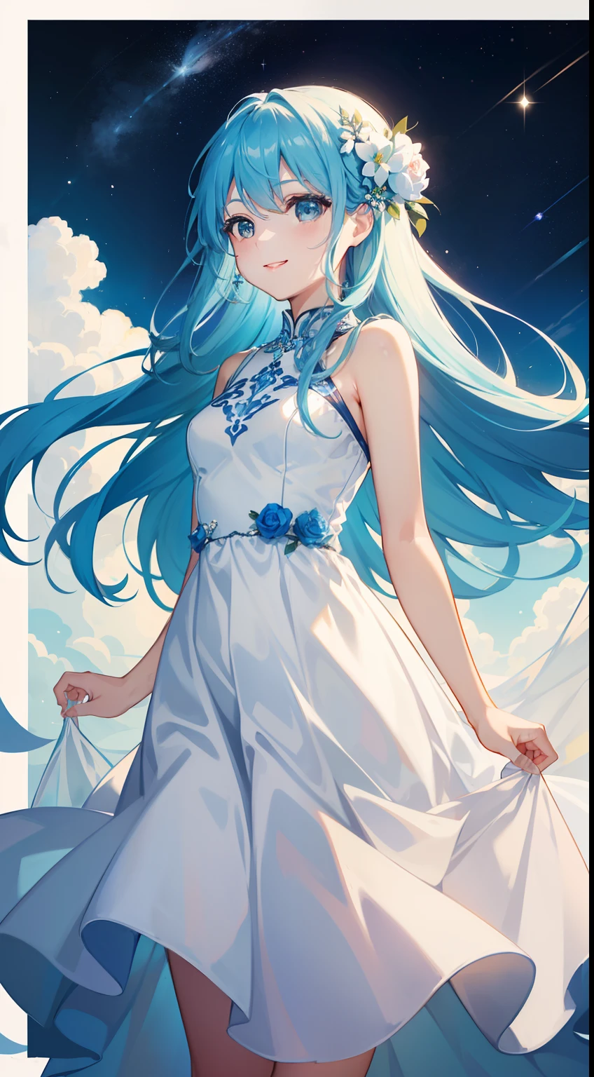 a beauty girl、Crystal clear skin、A charming smile、Long light blue hair、Blue and white long dress、Flowers of the Cosmos、Clear blue sky、Dress and hair fluttering in the wind！
