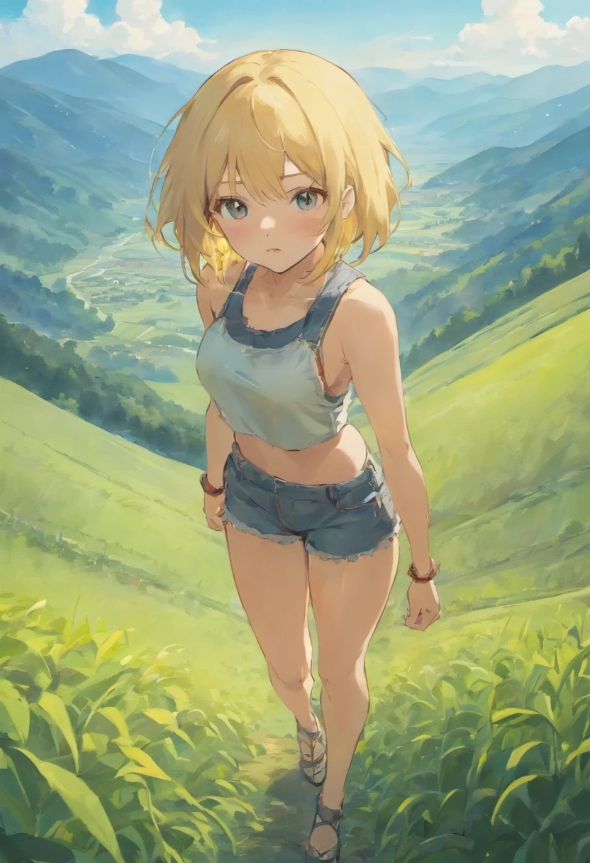 landscape, anime style, countryside, with mountains and clouds in the background.  Blonde girl, standing, short clothes, muscular, abs