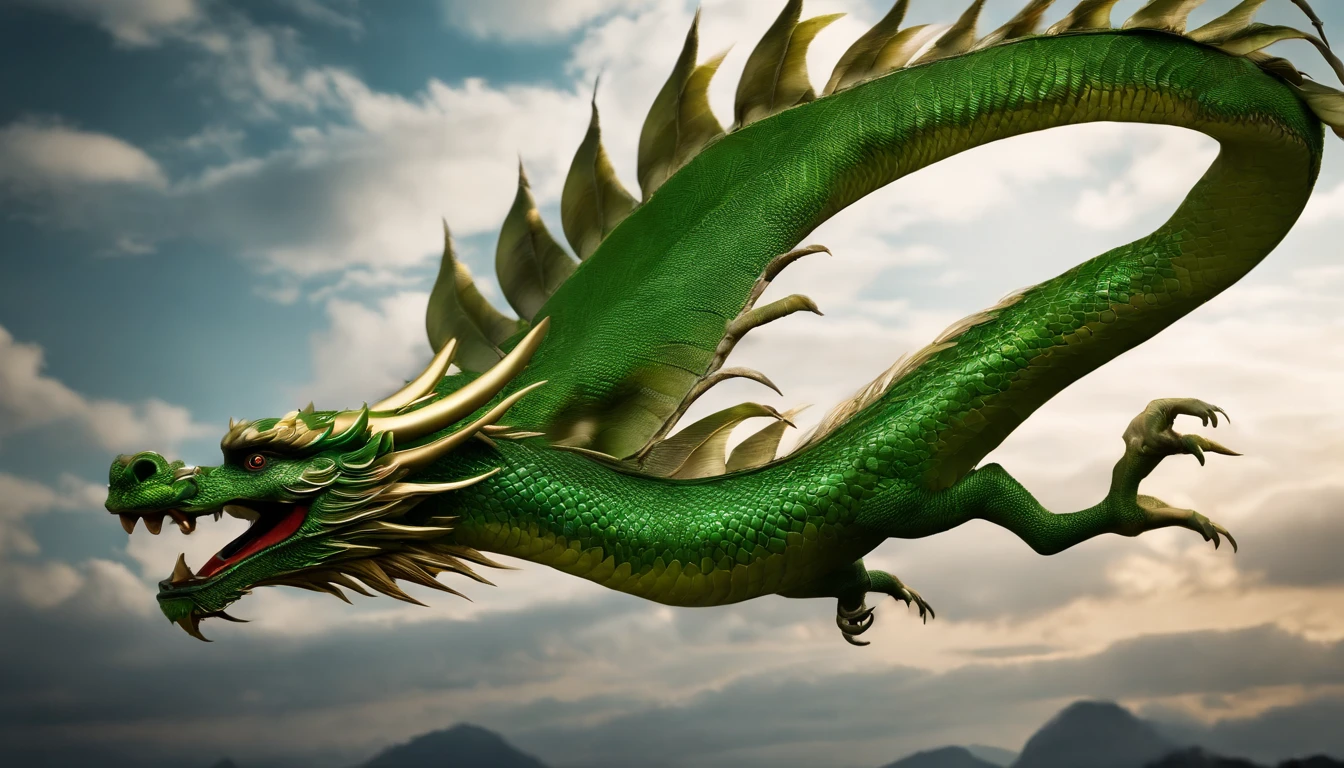 chinesedragon,Green Dragon,auspicious sign,mythological beasts,Long dragon whiskers,Covered with scales,腾云驾雾,high qulity,8K,rich details,Great,divino,sharp talons