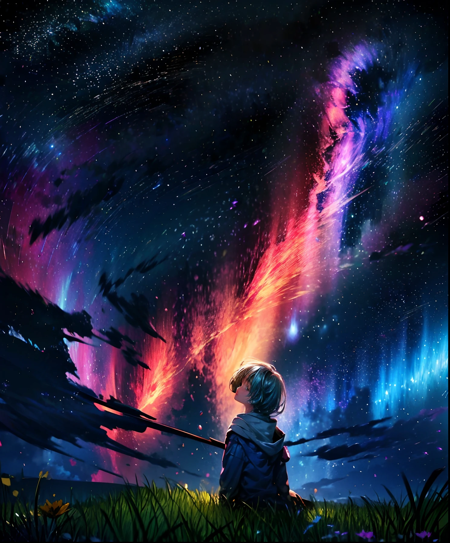 Describe a scene where a cute girl character is lying on a grassy hill, Looking up at the starry sky. Surround her with colorful nebulae and her favorite constellations.