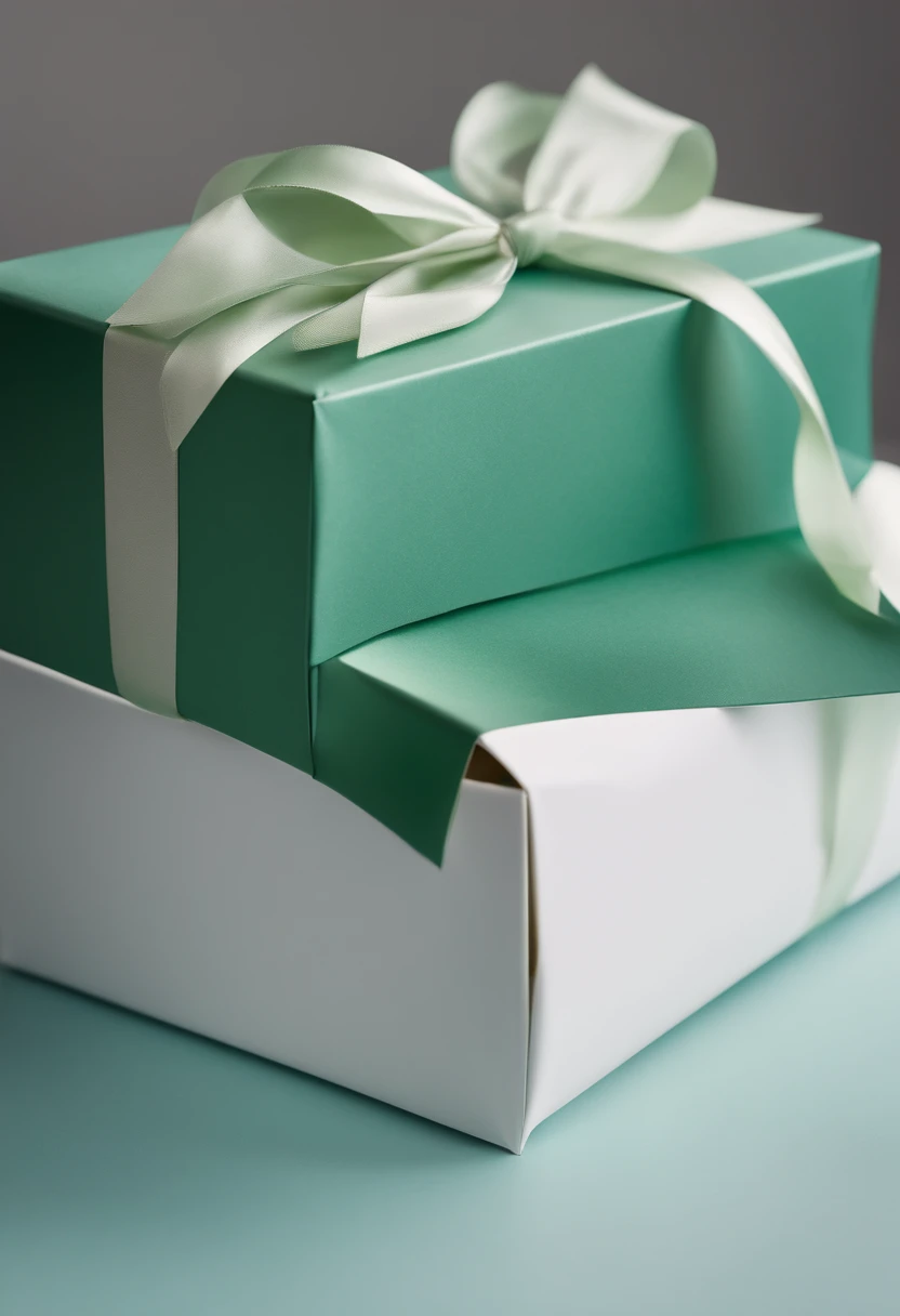 Close up of white rectangular thin body gift box with green knot,Tiny bow, angled, Product photo, heavy, Official product photo, Blue-green paper, product image, seen from the side, Lateral face, Single box, Clean background