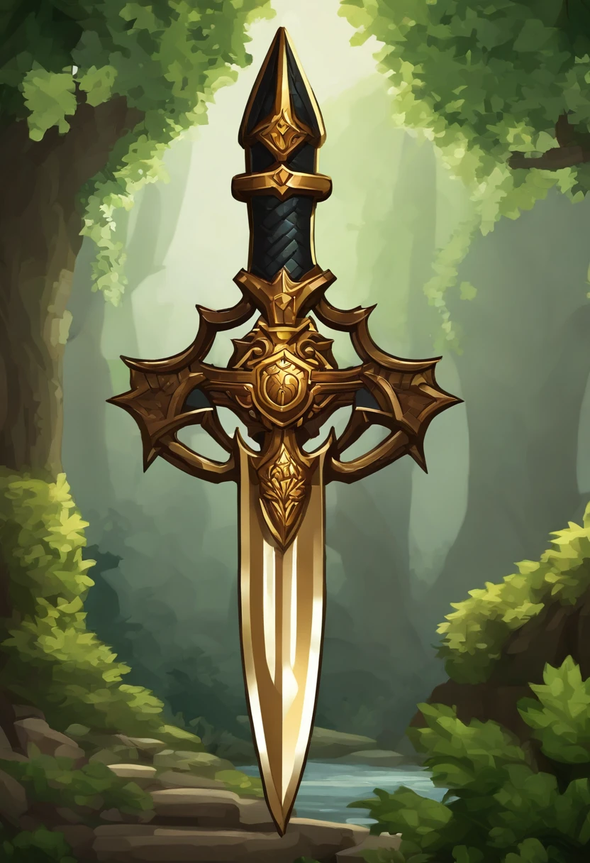 "In a fantasy world full of epic battles, You are summoned to create the design of a legendary sword, conhecida como egide. The aegis is a legendary sword that rests within a shield, representing strength and protection. Your task is to use your pixel art skill to create an impressive representation of the aegis. The shield should have a sturdy and imposing appearance, com detalhes e texturas que refletem sua natureza poderosa. The sword inside the shield should convey an air of elegance and danger at the same time. Use limited colors to create a sharp, impactful pixelated image. Seja criativo com os detalhes e sombreamento para dar vida ao egide, making it a fearsome and admirable weapon in the game world. Show off your pixel art skills and create awesome pixel art from the aegis to delight players!”