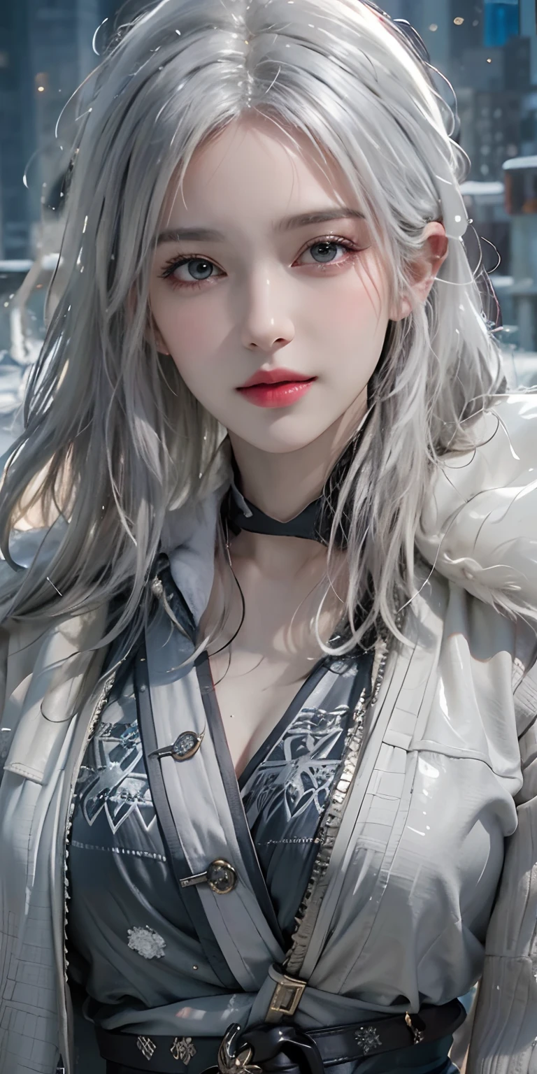 photorealistic, high resolution, soft light,1women, solo, hips up, shining skin, (detailed face),tattoo, jewelry, winter wear, coat, snow, night, white hair, wavy hair, Beautiful Soldier, Eyes That Invite Viewer, Lover's Perspective, Inviting Expression, Sexy Smile, Perfect Style, Perfect Balance, Detailed Skin, Naughty Gaze, Chest Visible