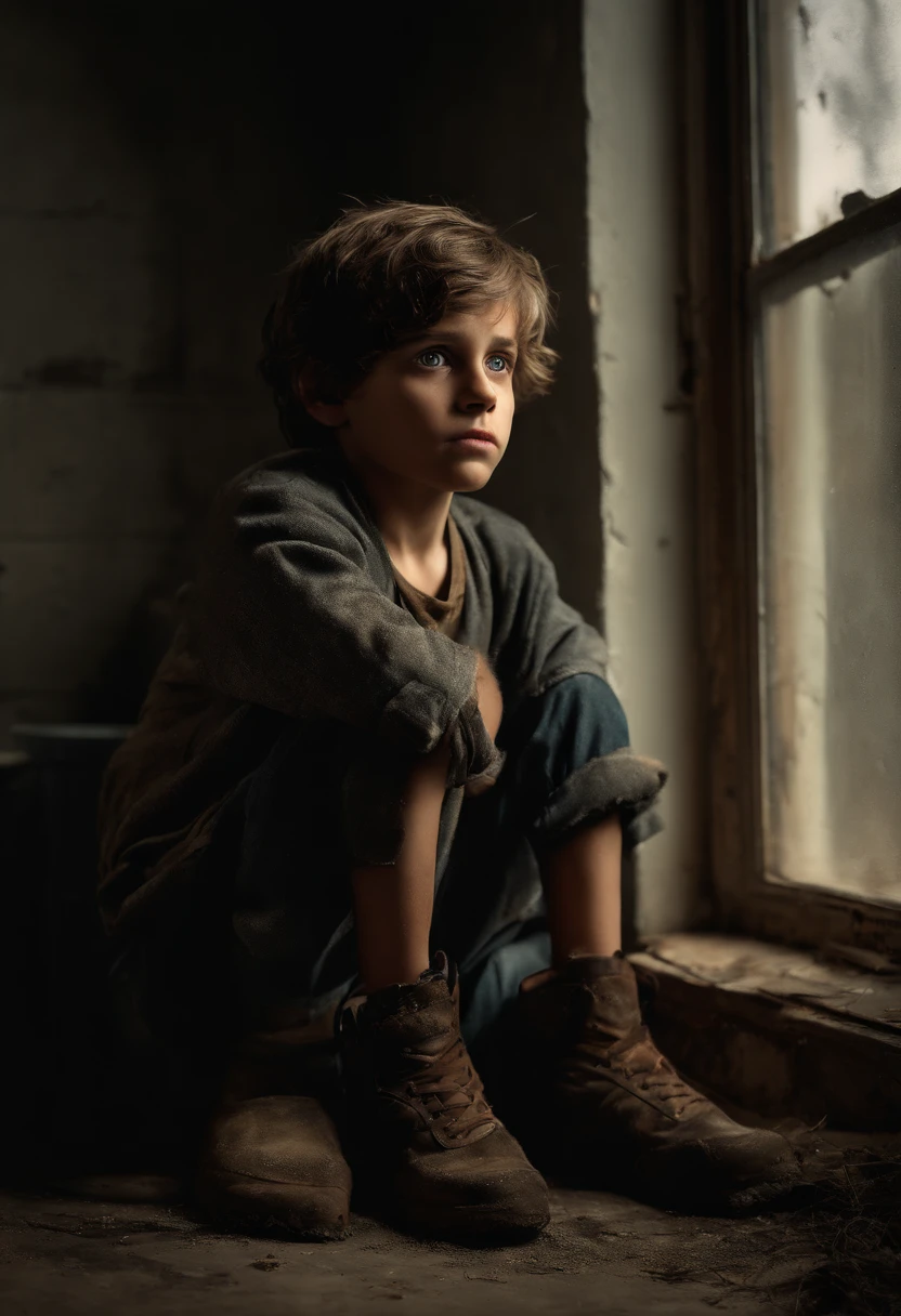 (((best quality))), high detail, depth of field, Focus: 1.2, postapocalyptic boy with cat, weary eyes, fine eyes, big eyes, tattered and rotted clothing, Hair is unkempt and tangled, skin is marred with grime and dirt, abandoned, gloomy room with a broken window, detailed face and eyes is sad and scared, ((masterpiece)), (realistic photo:1.5), (((high resolution illustration))), (((extremely detailed))), dramatic shadows, cinematic
