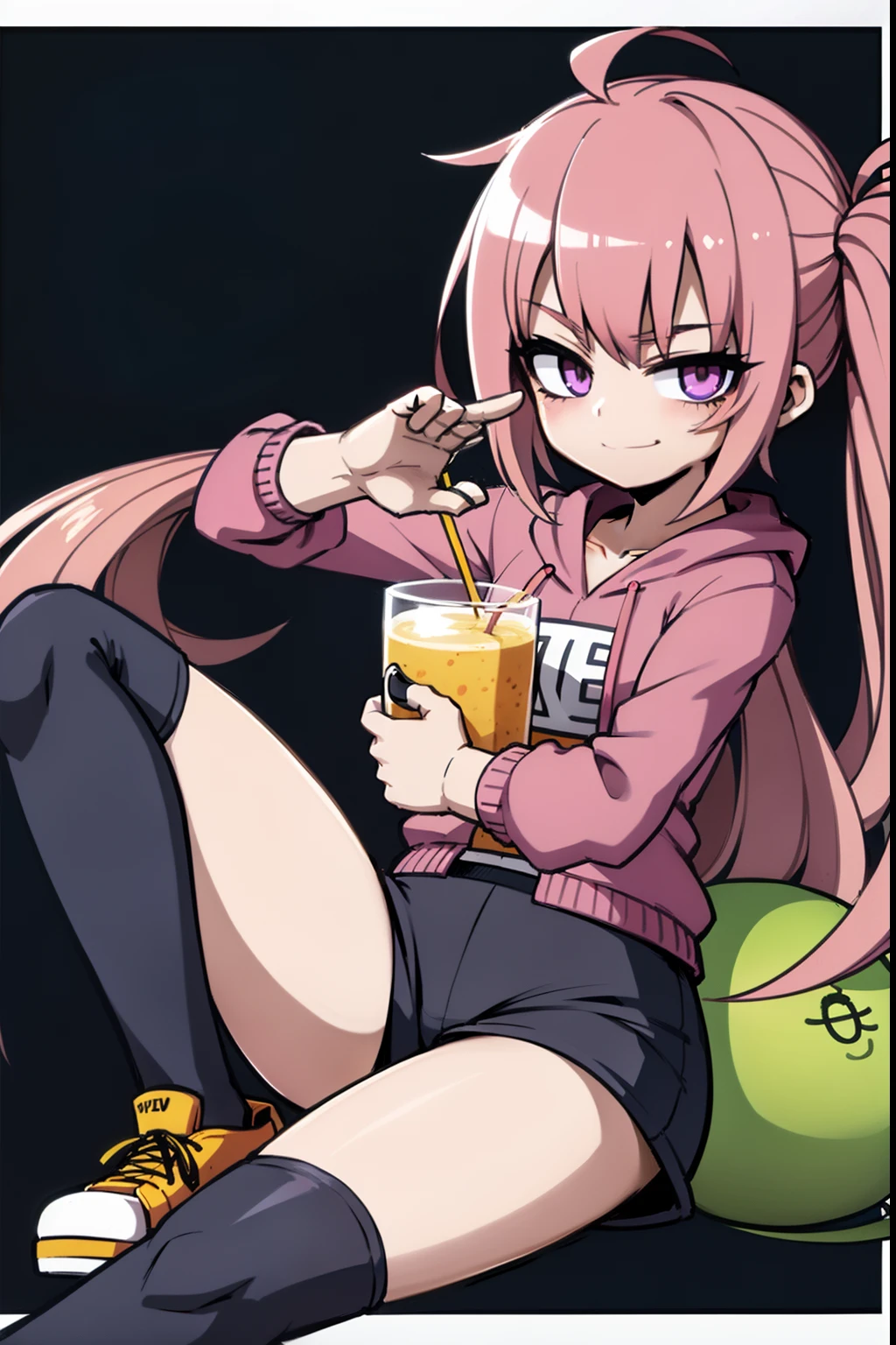cool anime girl with mango juice, positive vibes, violet hoodie, high quality digital art, masterpiece, winking