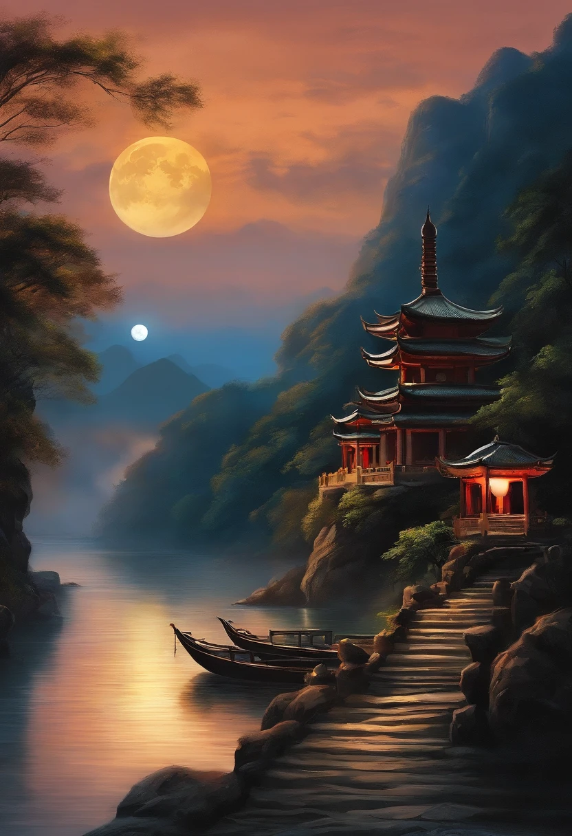 The tide of the Spring River connects the sea level，The bright moon on the sea coexists with the tide，surrounded by cloud，BUDDHA STATUE，Lanterns，gorgeous color，In the foreground are long stone steps and arches((Color ink)),( (Splash ink ) ), ((Splash ink) ink})), tmasterpiece，high qulity，Beautiful graphics，high detal