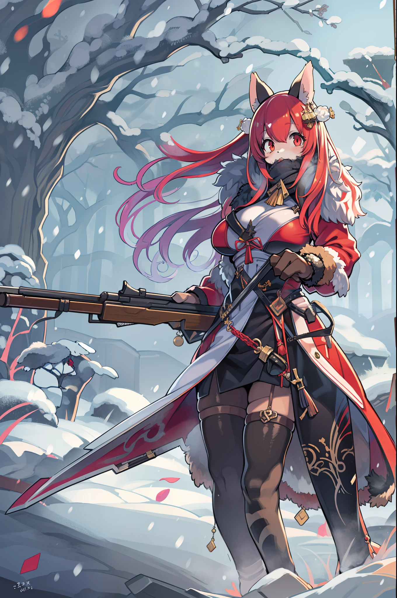 Huntress girl with rifle in snow fight pose,oriental,blade and soul,InkStyle,long red hair,Leather and fur coat,Cold,The artwork,。.3D,4K,Detailed,Fantasia