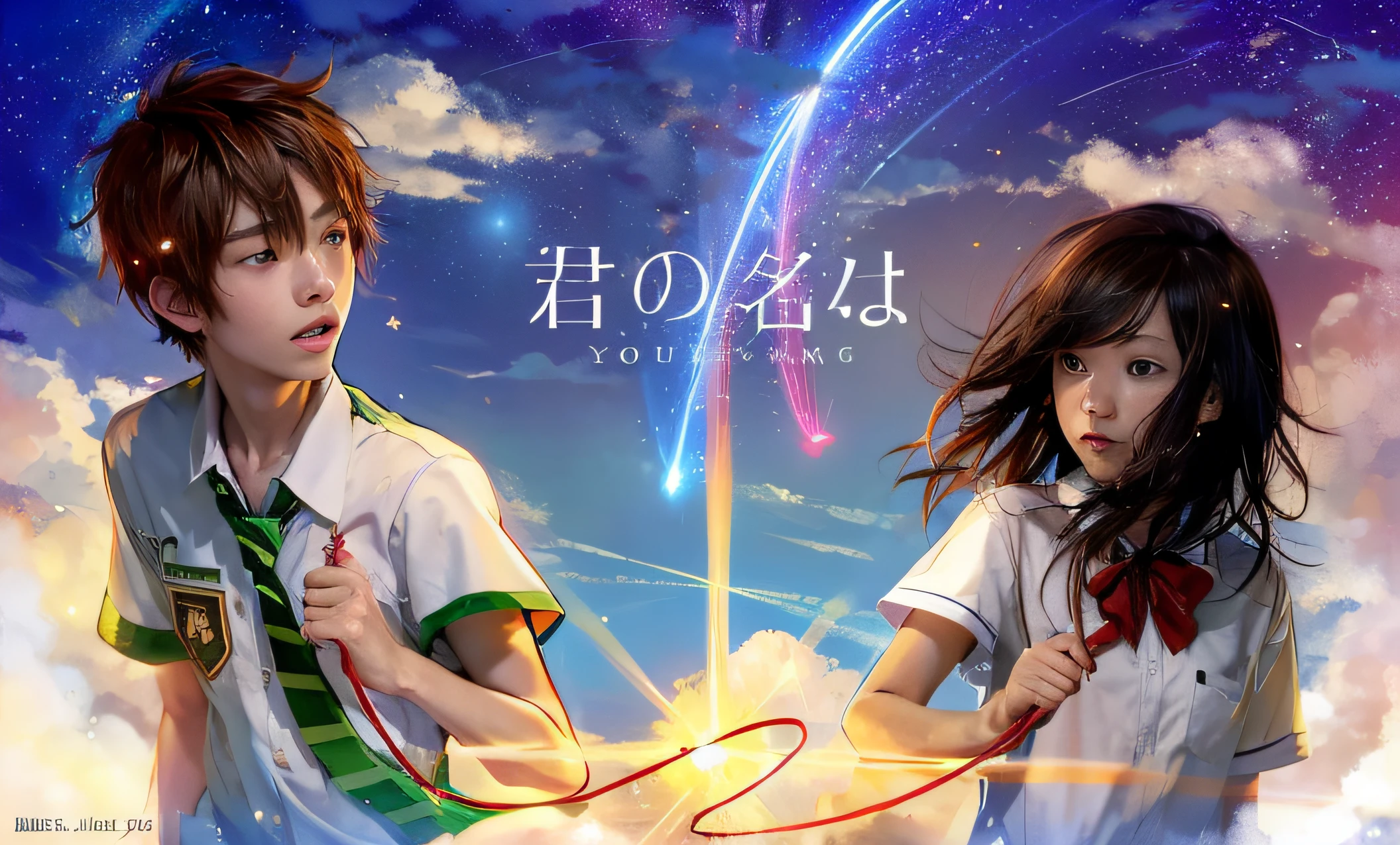 two agers in school uniforms both of them holding a red string and there's two comets in the background and a starry sky, The guy has brown hair and blue eyes and a uniform, and the teengirl has a messy black hair with brown, your name, makoto senkai