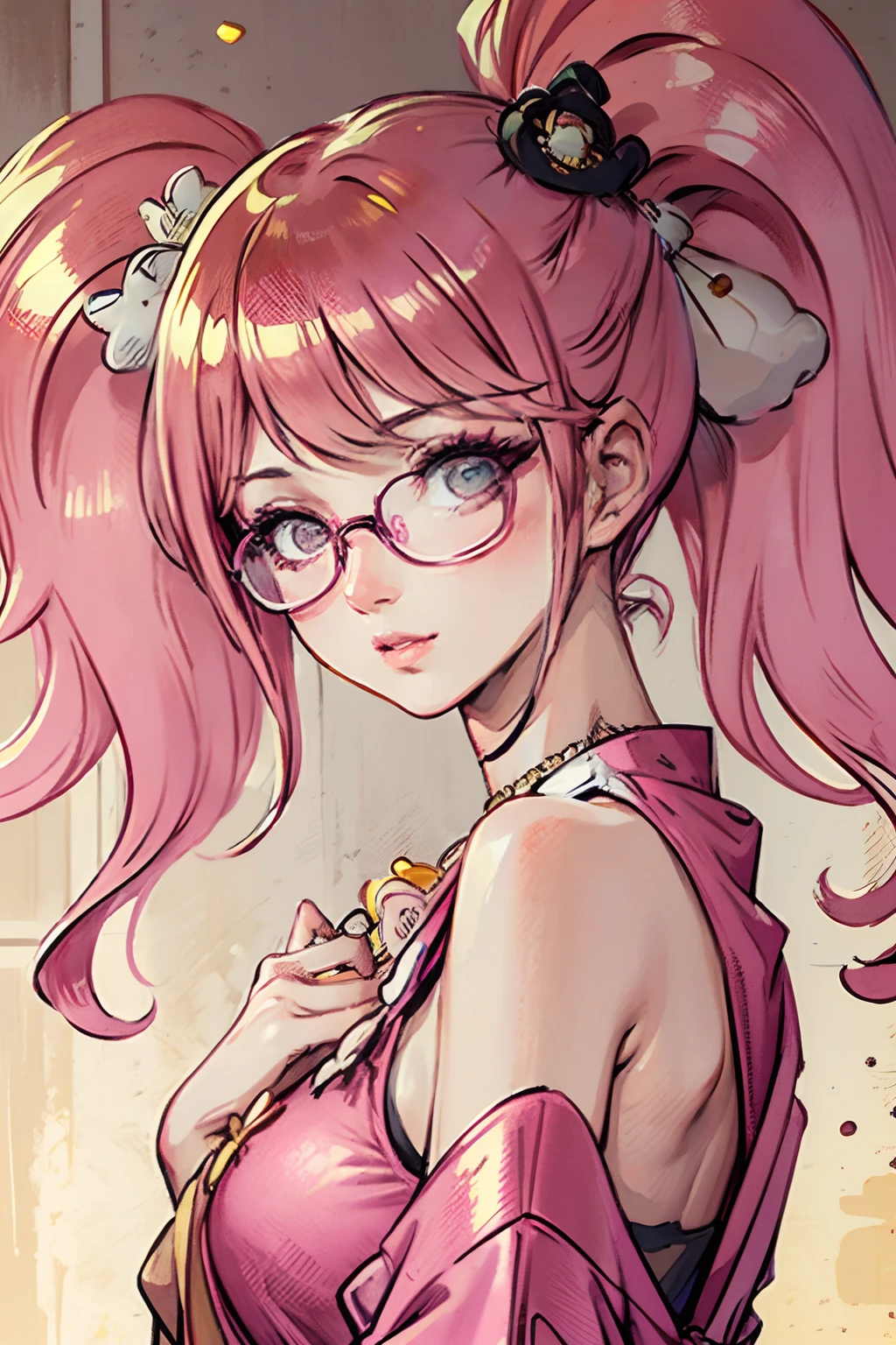 (masterpiece:1.2, best quality), (dinamic lighting) 1lady, solo, short hair, big breasts, (shiny skin:1.2), upper body, glasses, modern, wavy pink hair,pink yulata, flower on ear, harajuku style, hair pin, loli ,ahoge, ryokan