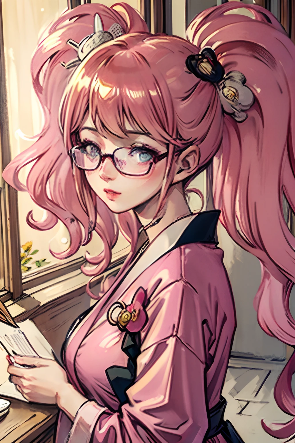 (masterpiece:1.2, best quality), (dinamic lighting) 1lady, solo, short hair, big breasts,  (shiny skin:1.2), upper body, glasses, modern, wavy pink hair,pink yulata, flower on ear, harajuku style, hair pin, loli ,ahoge, ryokan