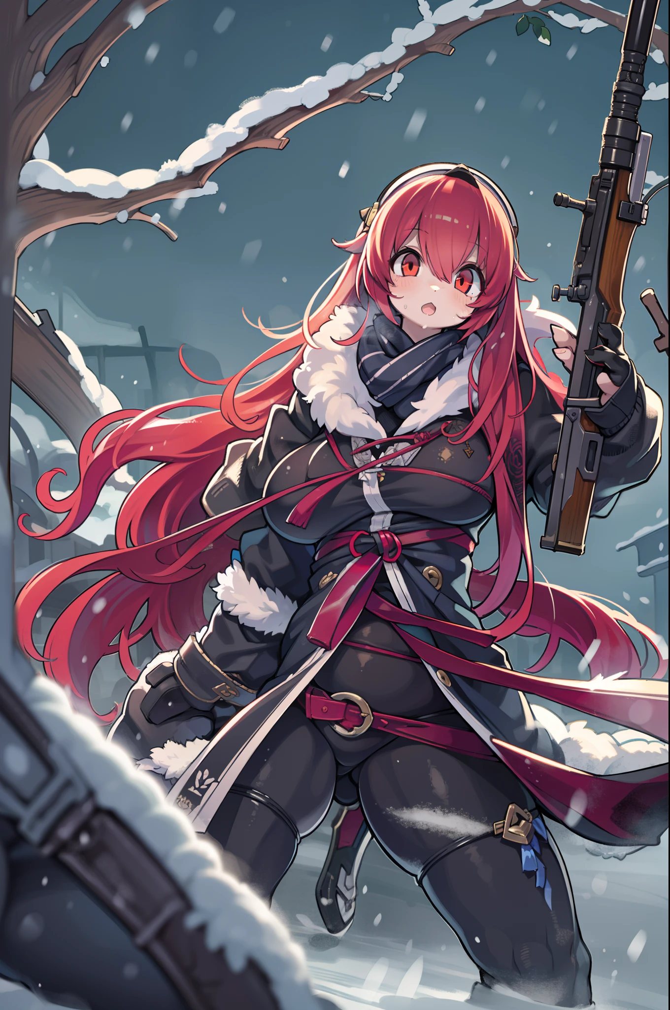 Huntress girl with rifle in snow fight pose,oriental,blade and soul,InkStyle,long red hair,Leather and fur coat,Cold,The artwork,。.3D,4K,Detailed,Fantasia