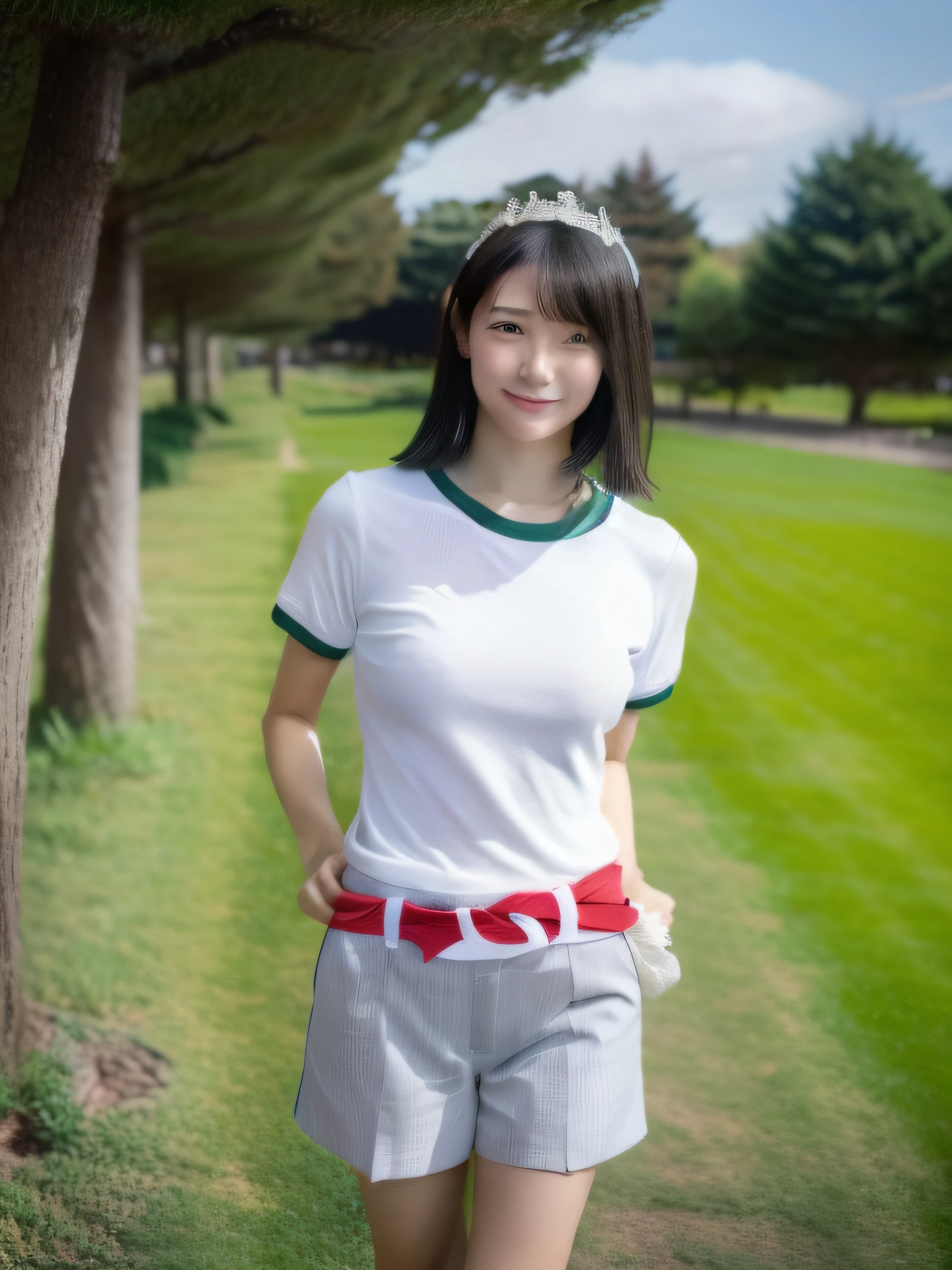 masutepiece, Best Quality, High resolution, Calm 1, 1 girl, Calm 1, 1 girl, Serene (A pokémon), Solo, Gray eyes, Black hair, Green shorts, Red tiara, Shirt, Tied shirt,, Short hair, Short sleeves, Shorts, Stripes, Yellow shirt, Belt bag, Shooting of the middle class, tussock, field, Smile, Standing,